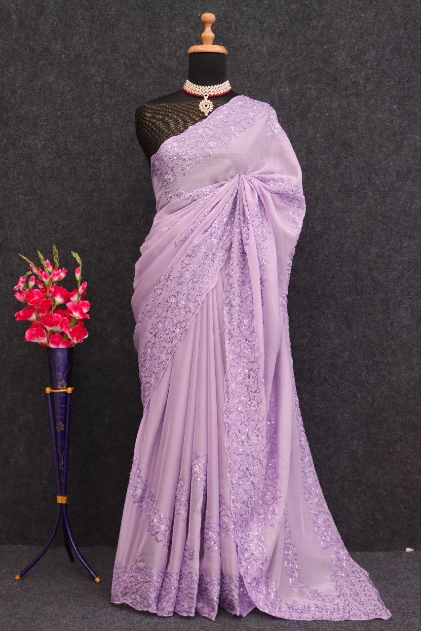 Organza Embroidery Sequins Jaal Flower Work Purple Saree