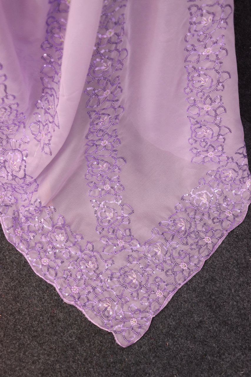 Organza Embroidery Sequins Jaal Flower Work Purple Saree