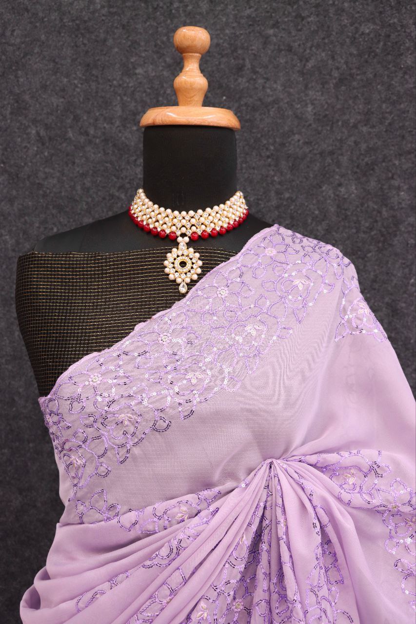 Organza Embroidery Sequins Jaal Flower Work Purple Saree