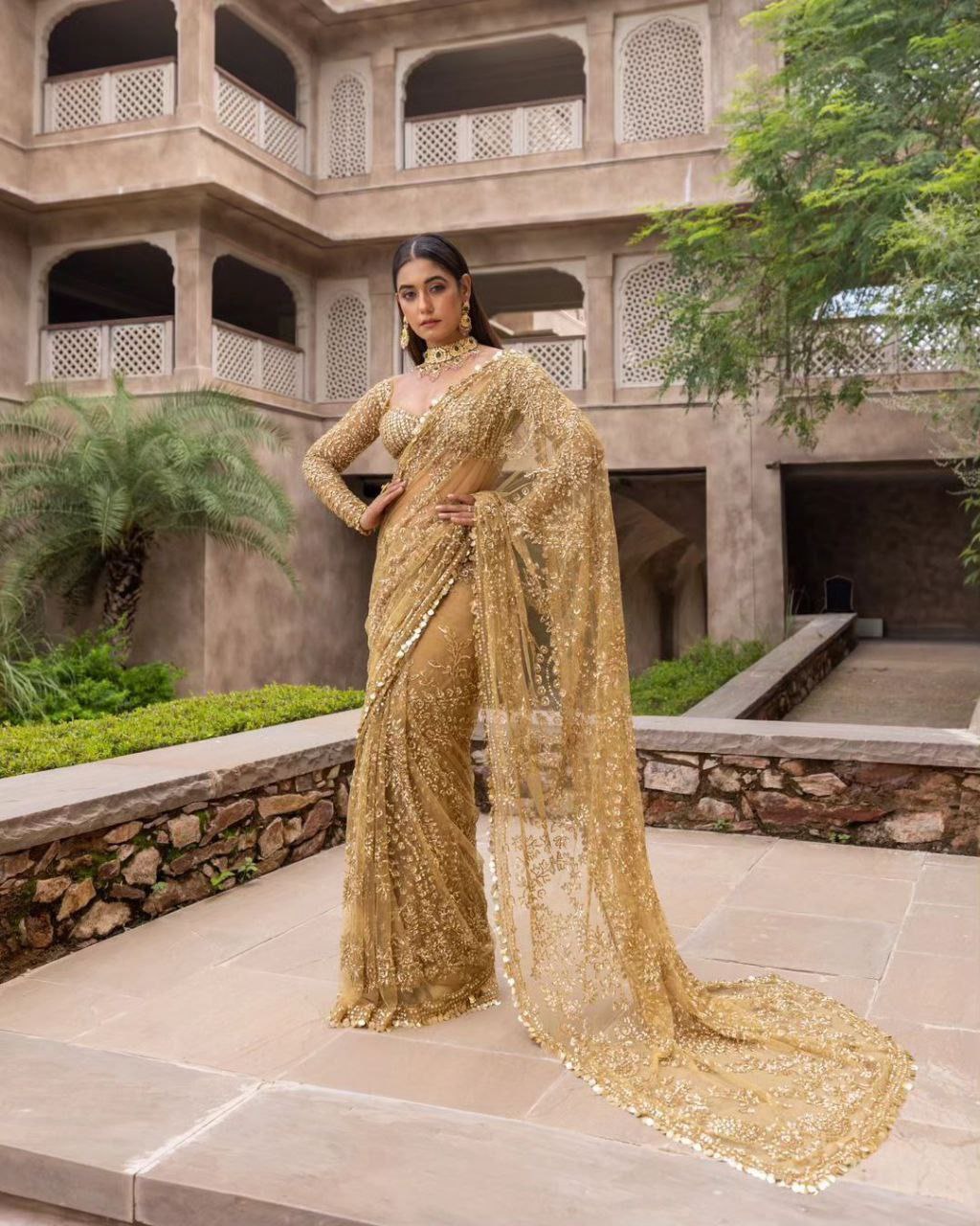 Nylon Butterfly Net Sequins Gold Saree