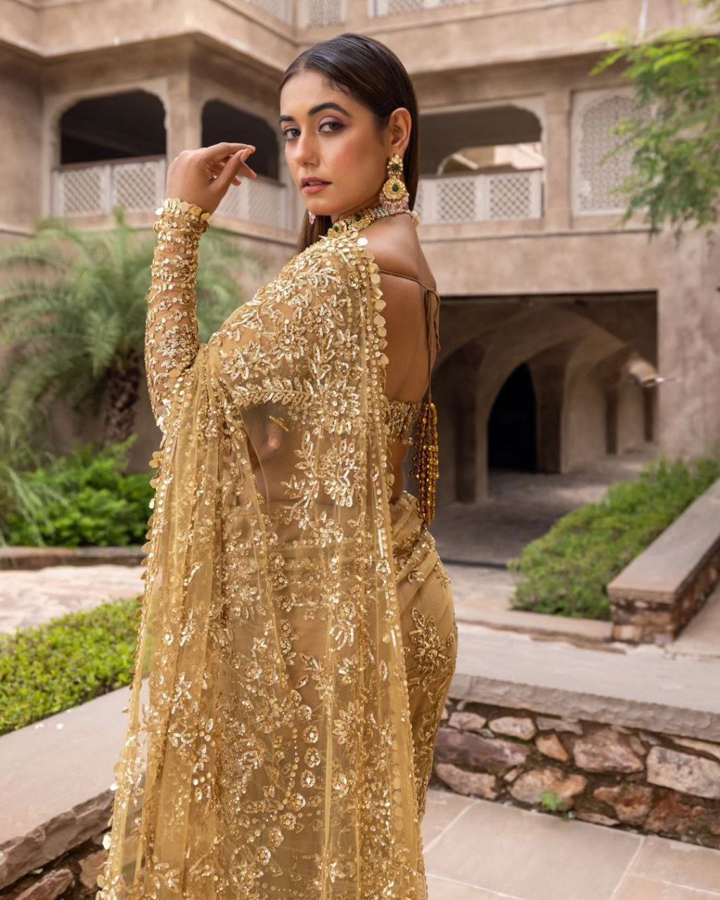 Nylon Butterfly Net Sequins Gold Saree