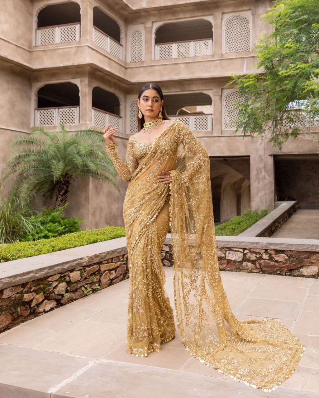 Nylon Butterfly Net Sequins Gold Saree