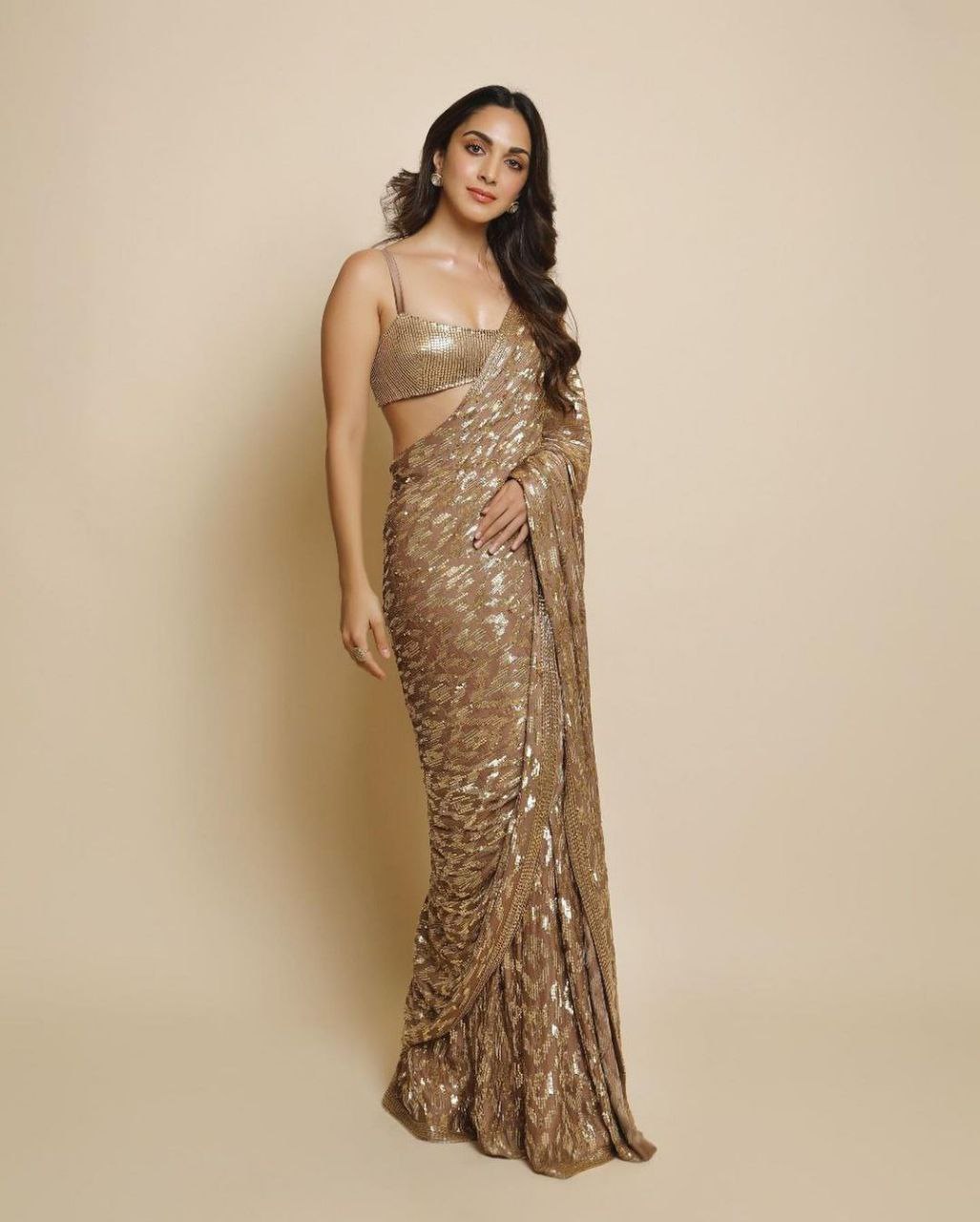 Georgette Sequins with heavy lace border Gold Saree