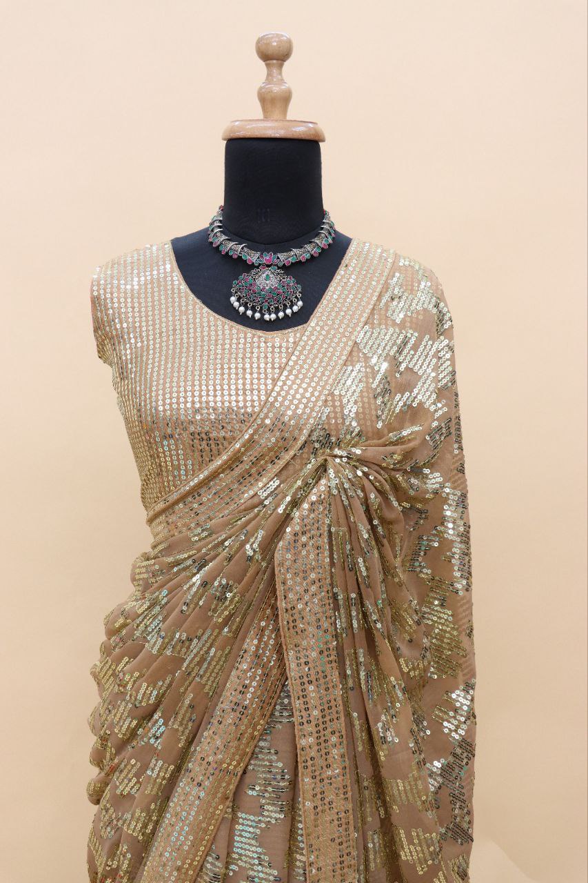 Georgette Sequins with heavy lace border Gold Saree