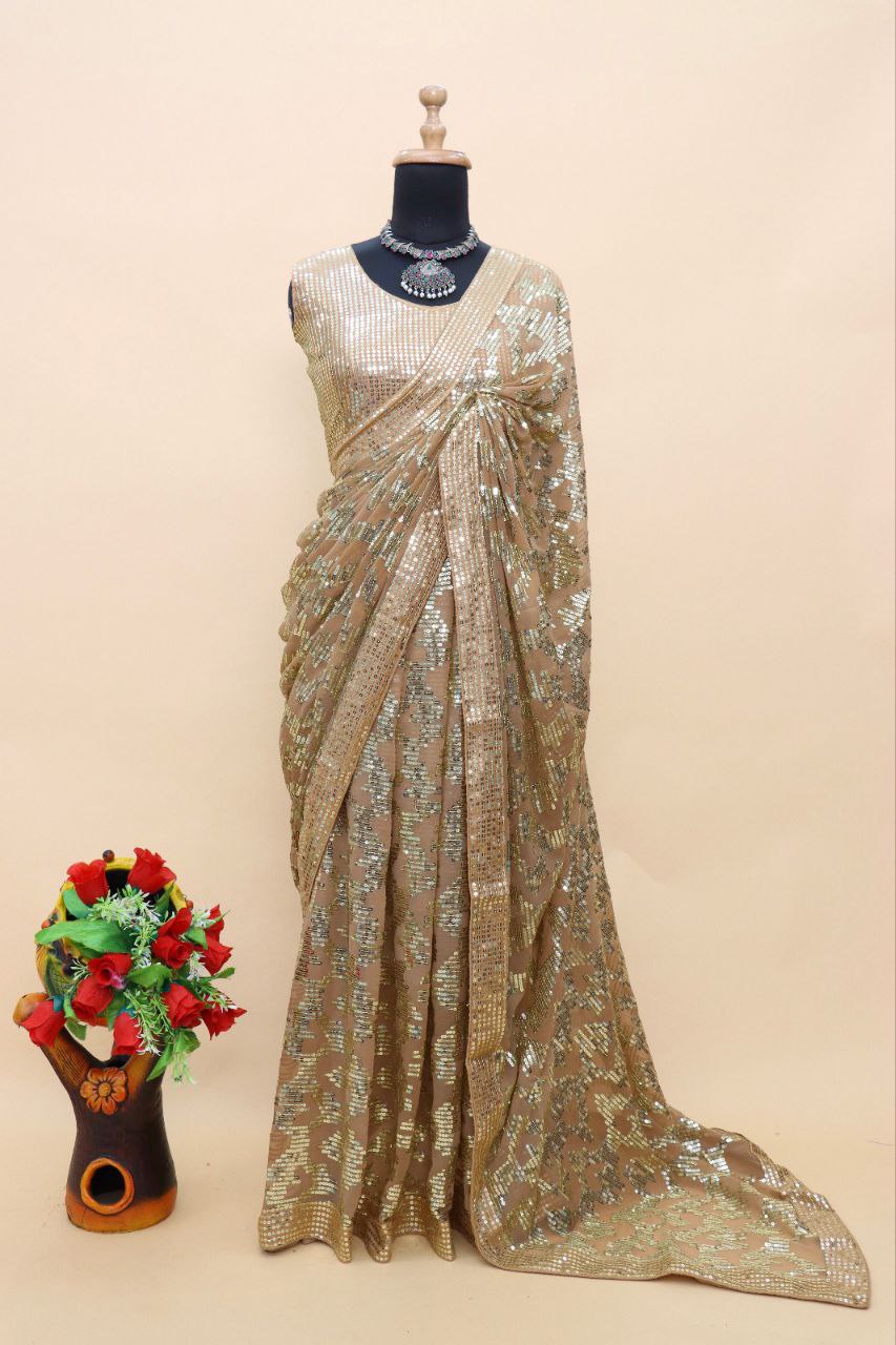 Georgette Sequins with heavy lace border Gold Saree