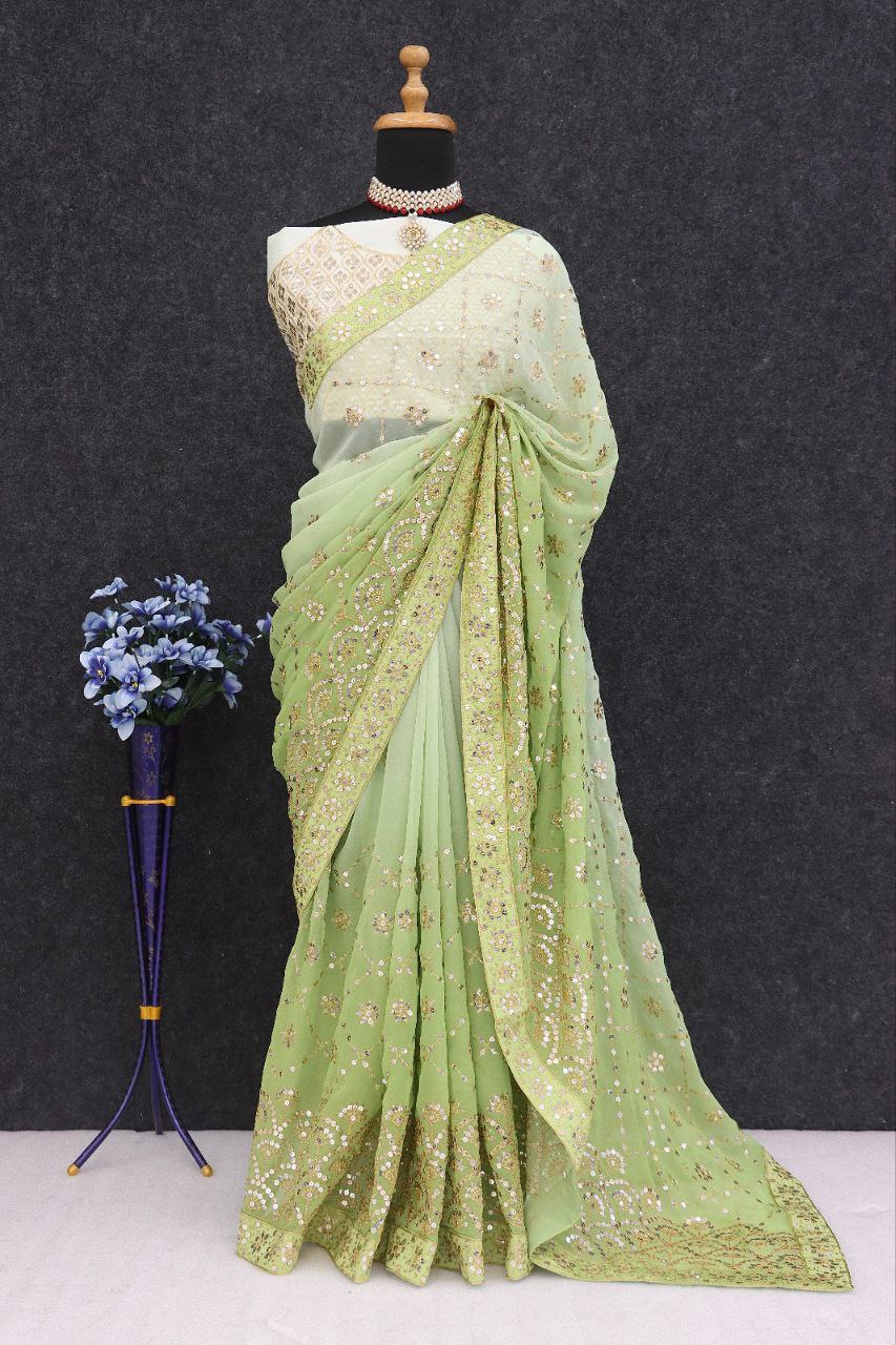 Soft Georgette Peding Gradient Green Saree