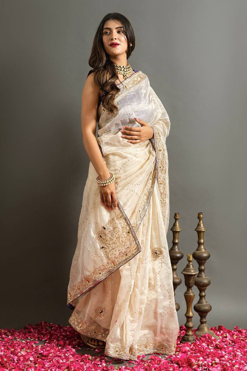 Pure Soft Jimmy Cho Silk White Embroidered Saree