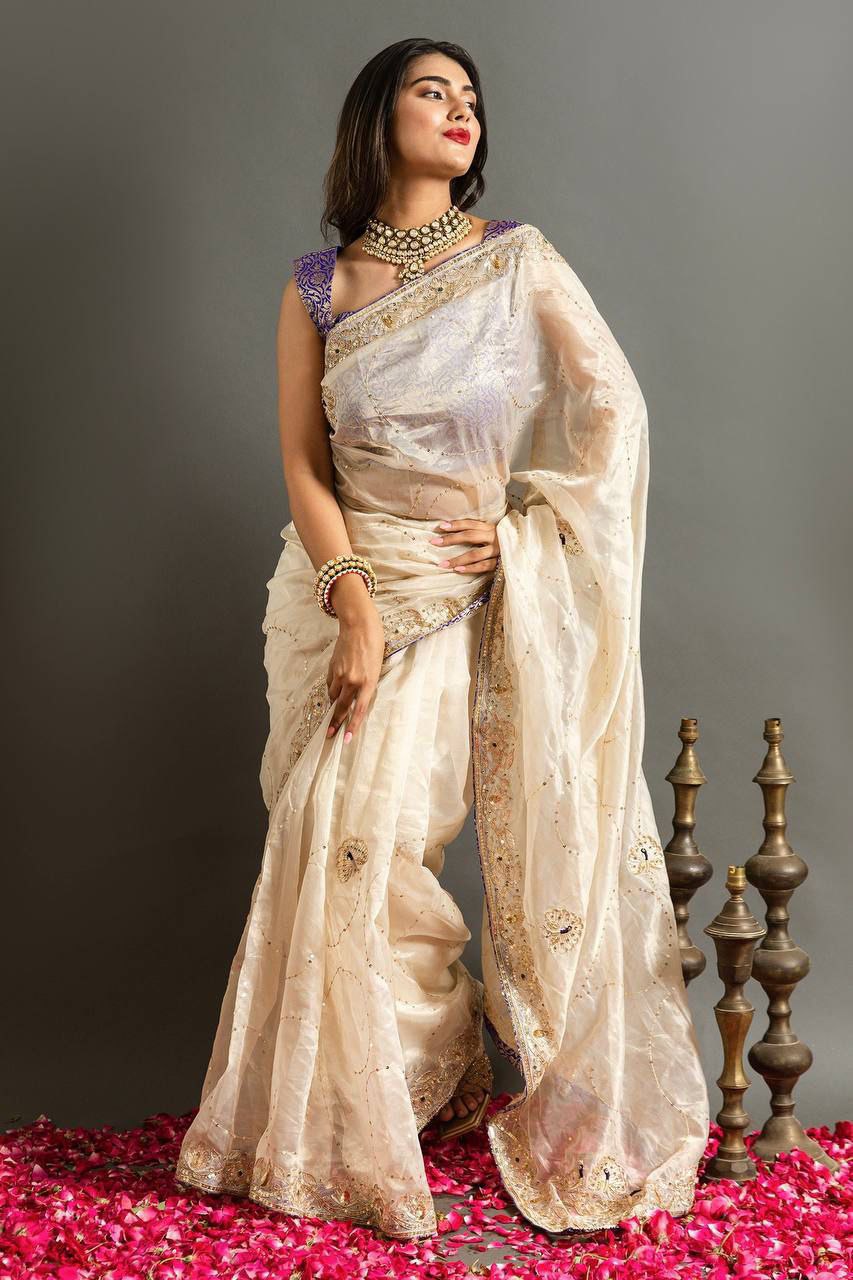 Pure Soft Jimmy Cho Silk White Embroidered Saree