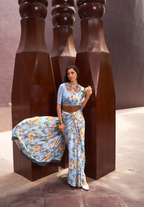 Powder Blue Satin Crepe saree with Digital Print