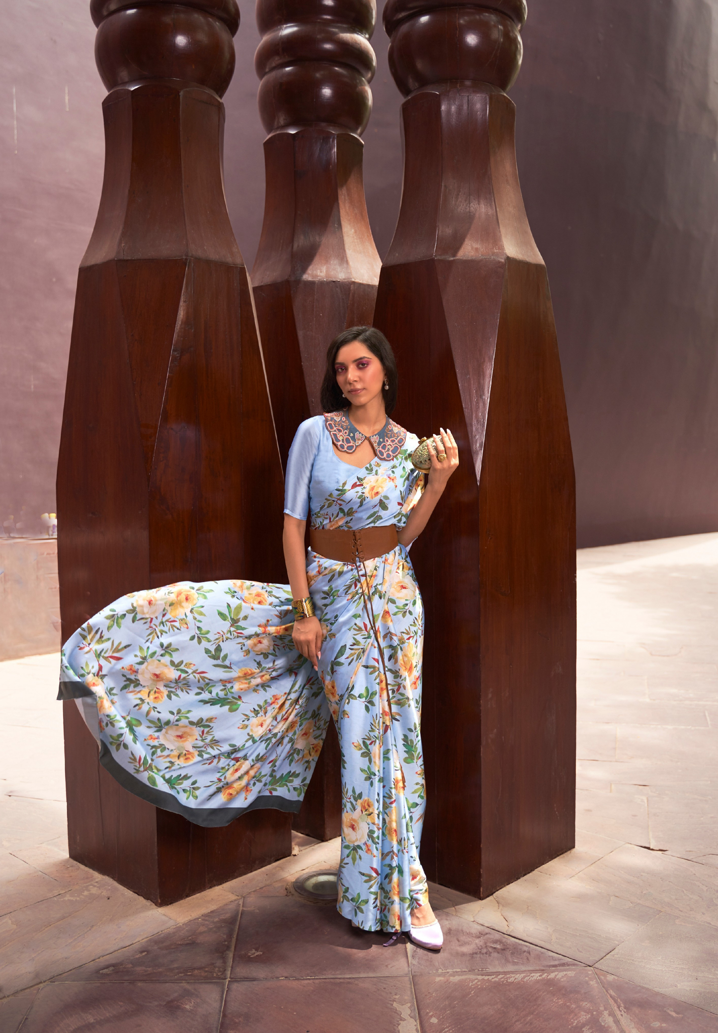 Powder Blue Satin Crepe saree with Digital Print