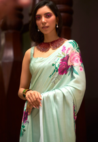 Green Satin Crepe saree with Digital Print