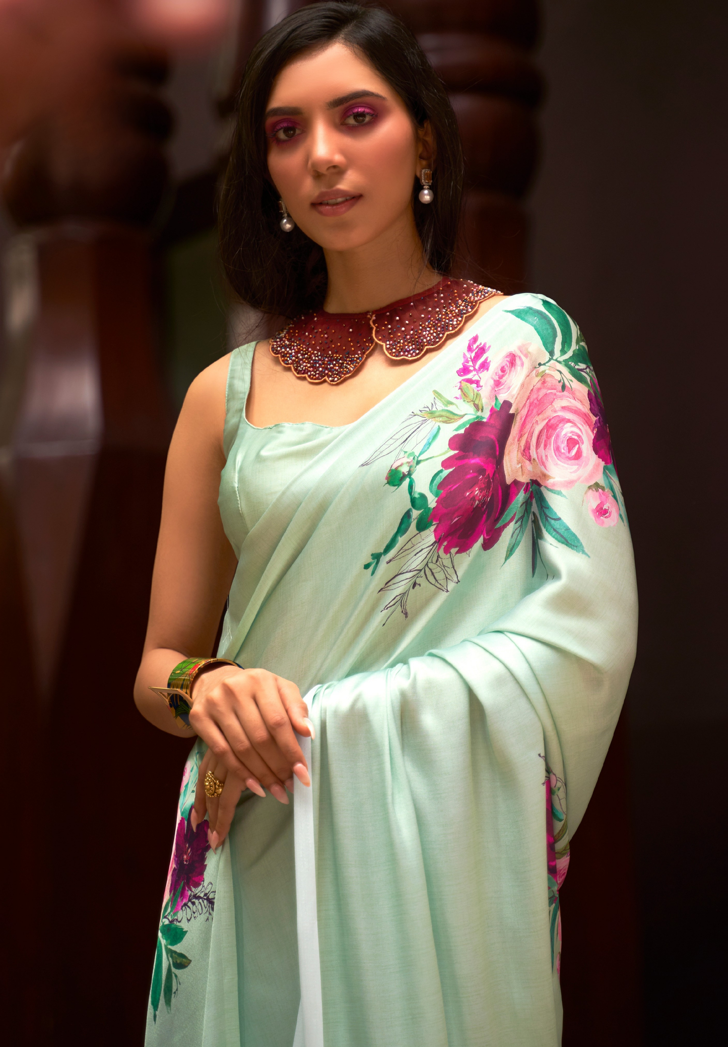 Green Satin Crepe saree with Digital Print