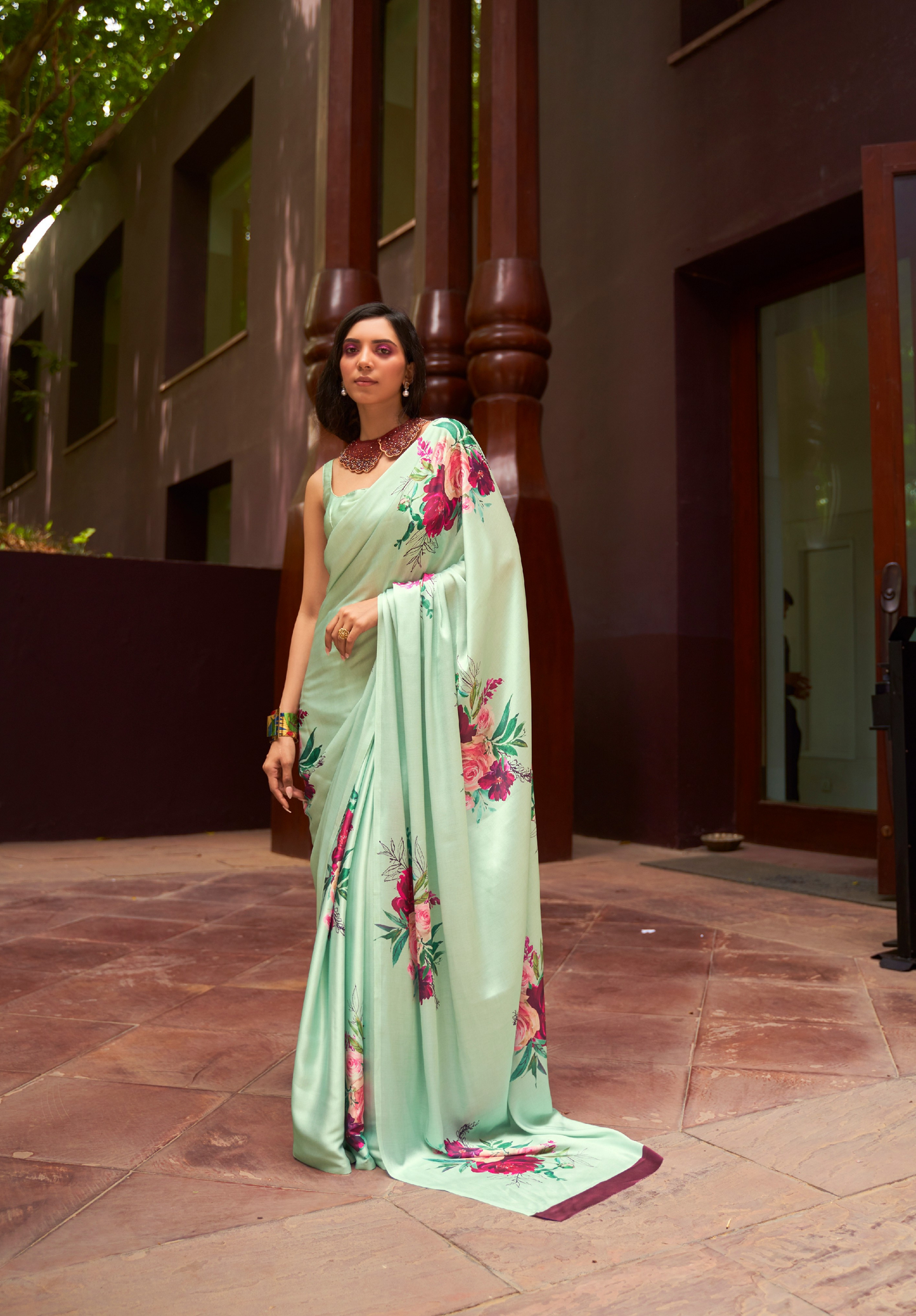 Green Satin Crepe saree with Digital Print