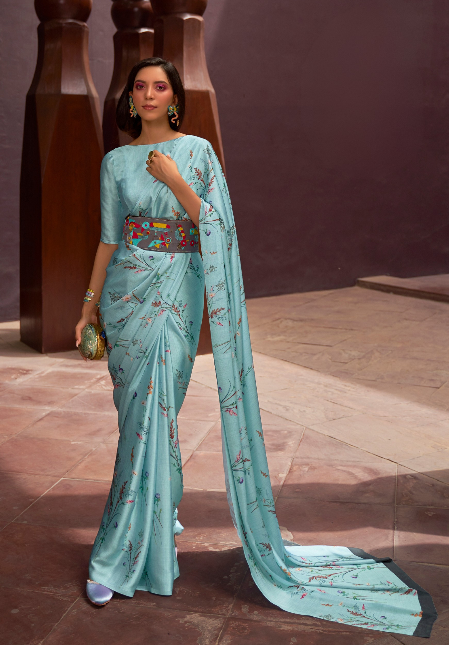 Blue Satin Crepe Saree with digital print