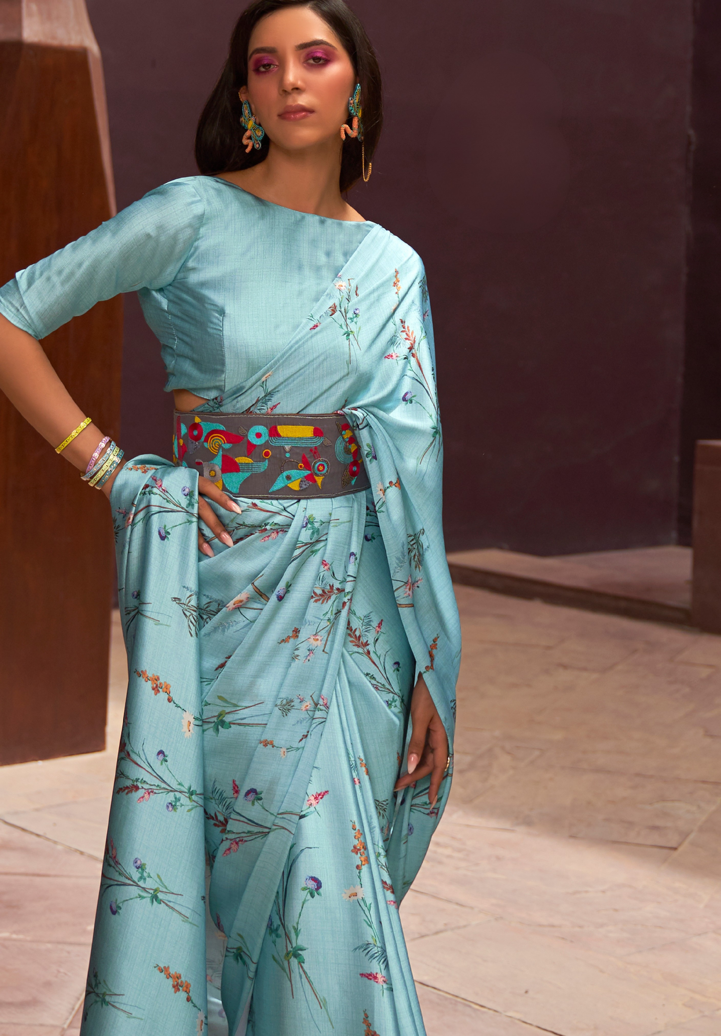 Blue Satin Crepe Saree with digital print