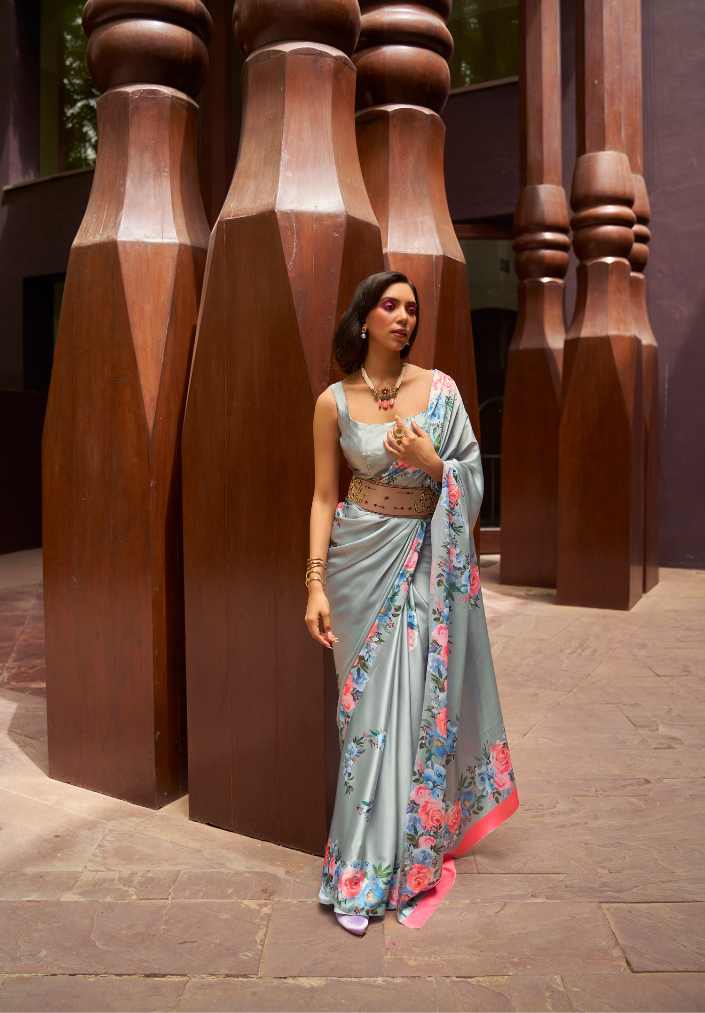 Grey Satin Crepe Saree with Digital print