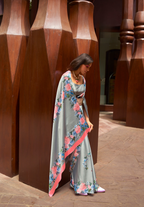 Grey Satin Crepe Saree with Digital print