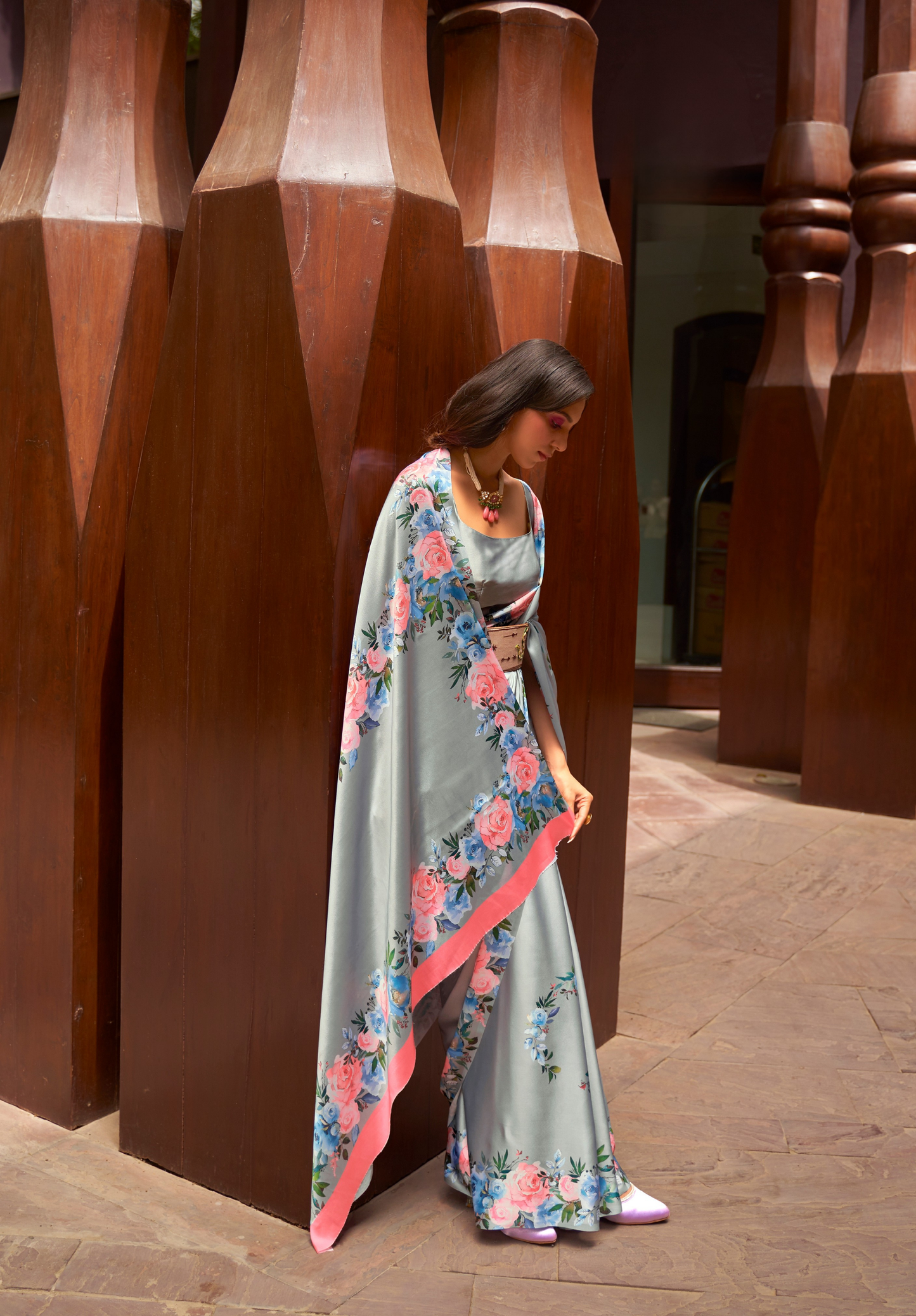 Grey Satin Crepe Saree with Digital print