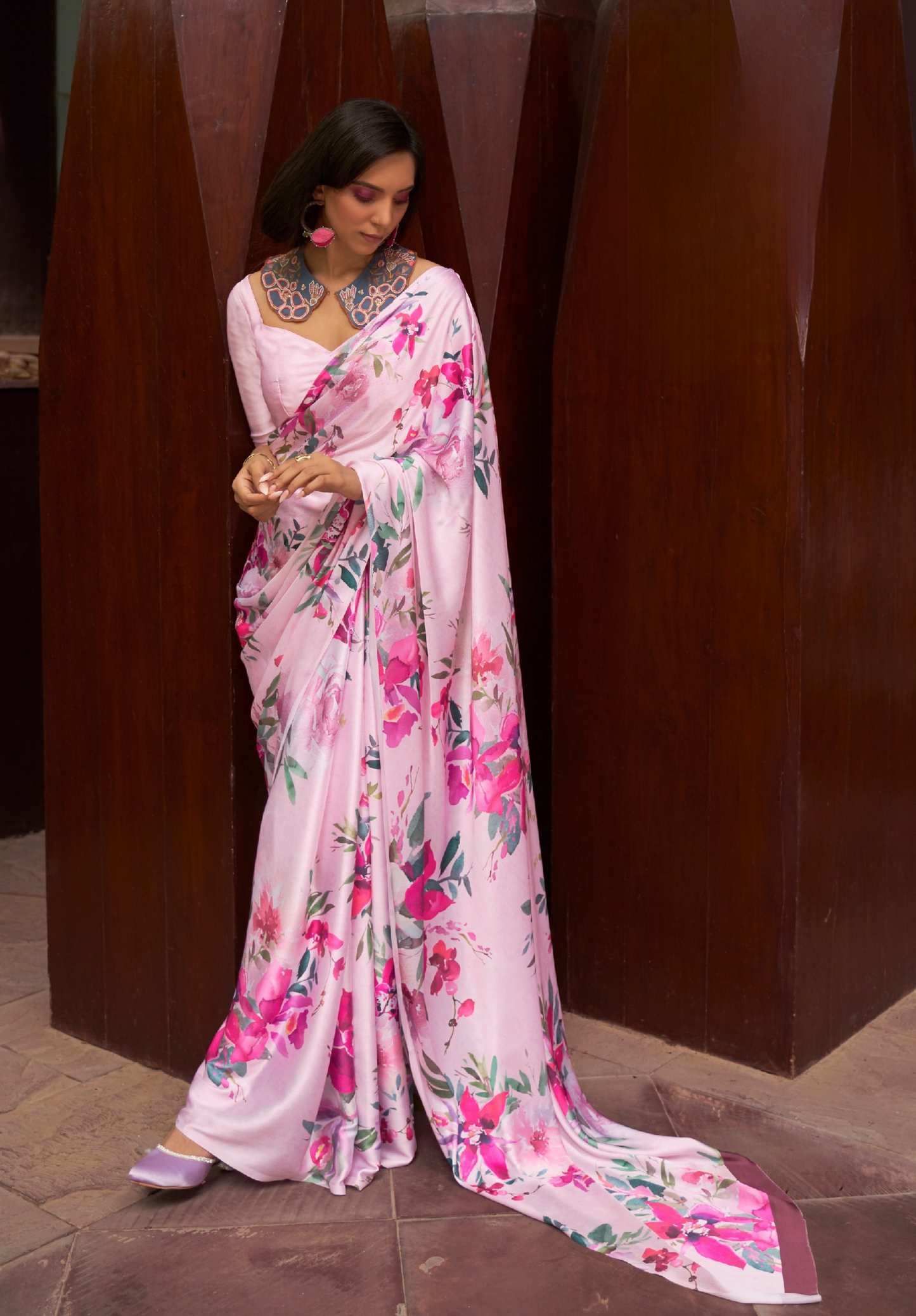Pink Satin Crepe  Saree with Digital Print