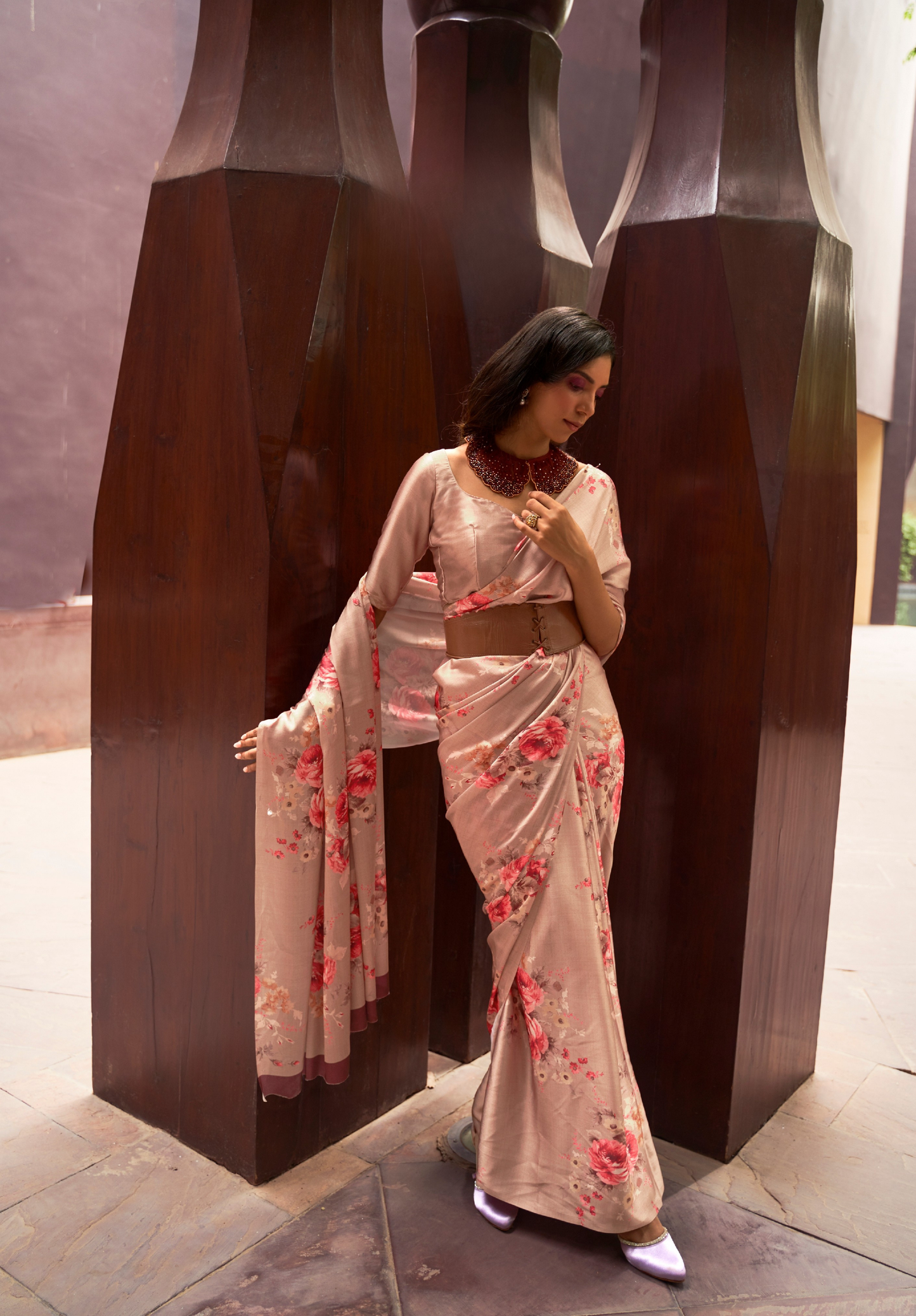 Rose Gold Satin Crepe with Digital Print