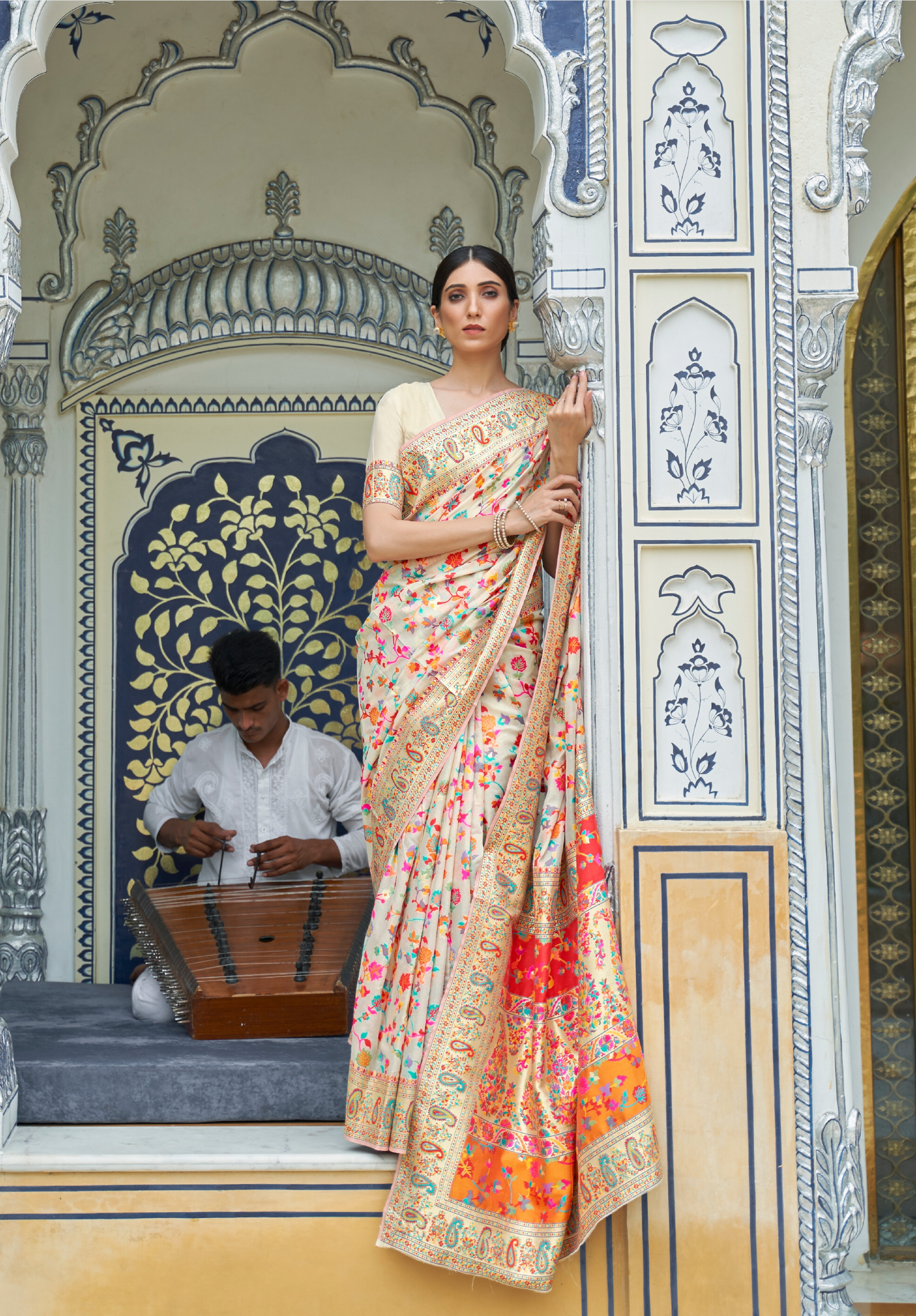 Cream pashmina weaving Modal Silk Saree