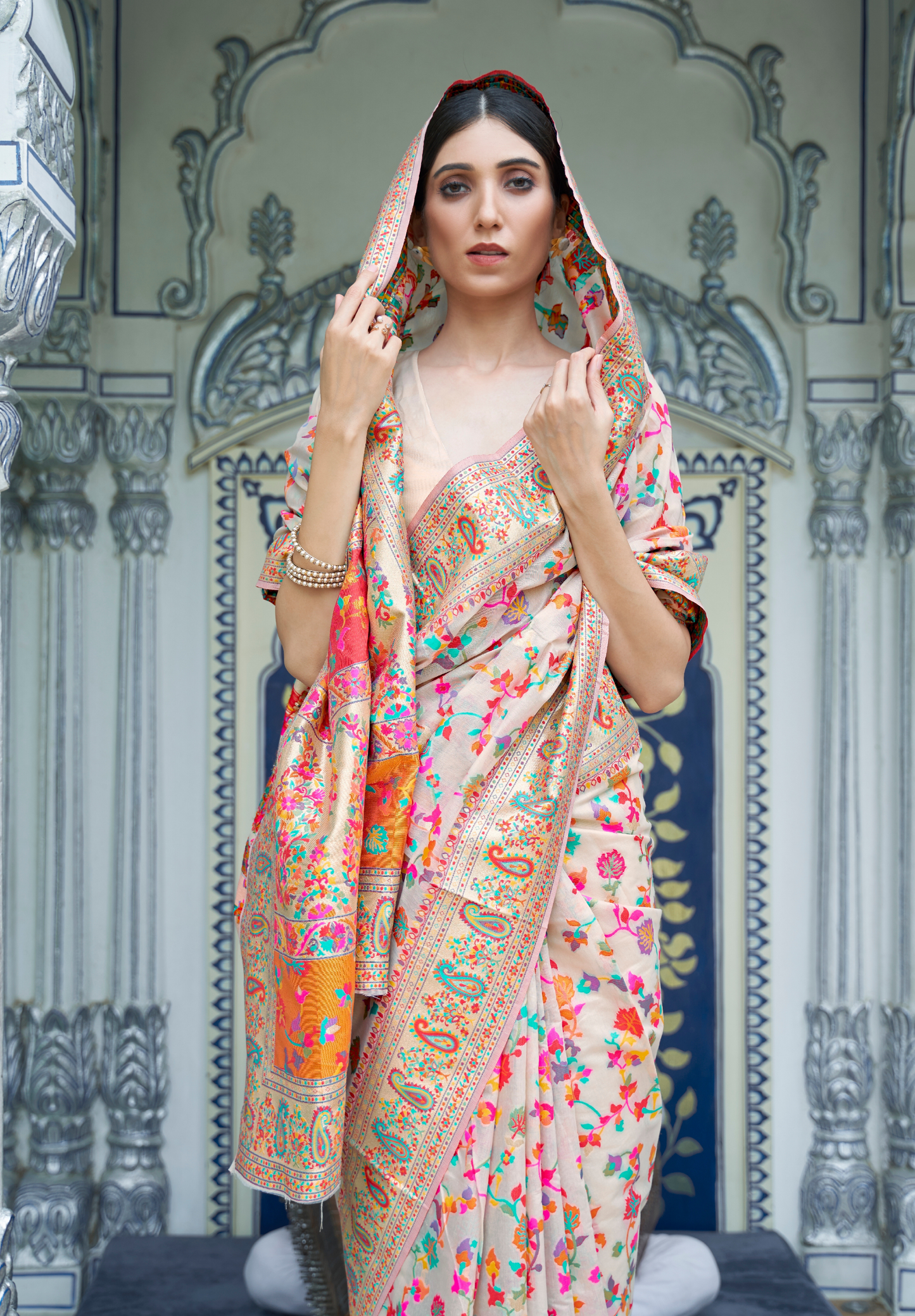 Cream pashmina weaving Modal Silk Saree