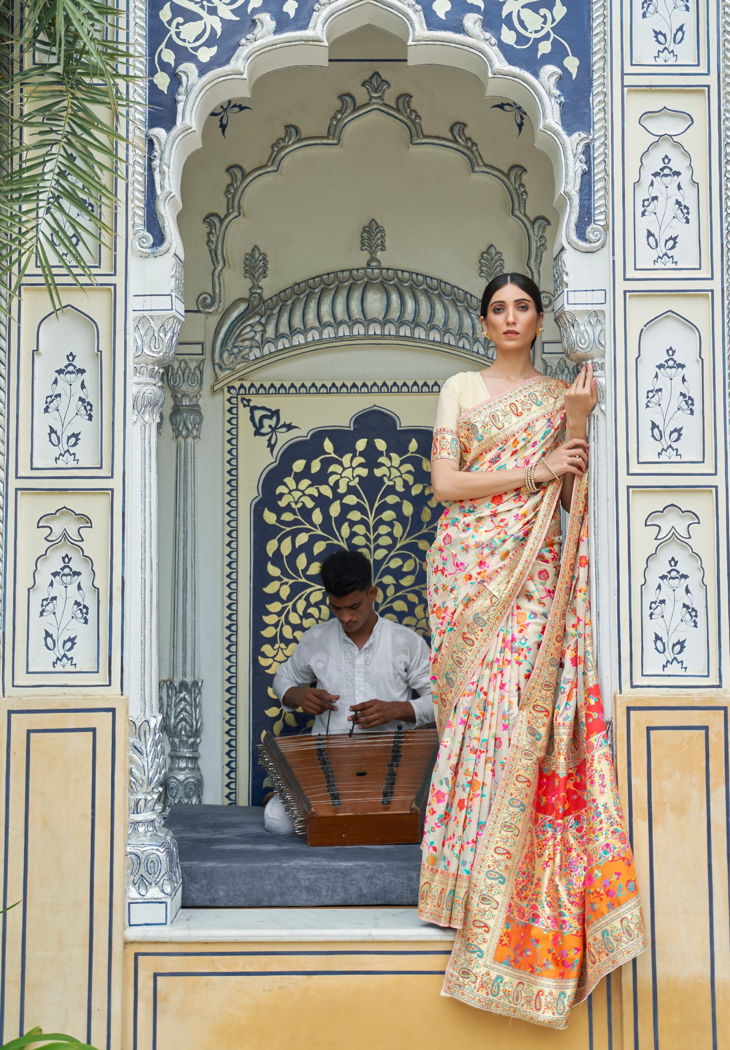 Cream pashmina weaving Modal Silk Saree