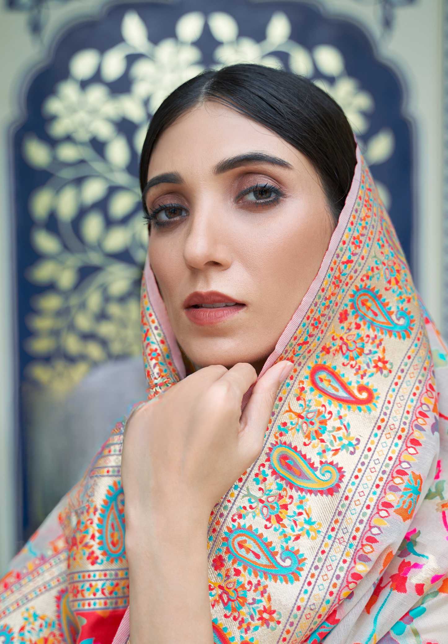 Cream pashmina weaving Modal Silk Saree
