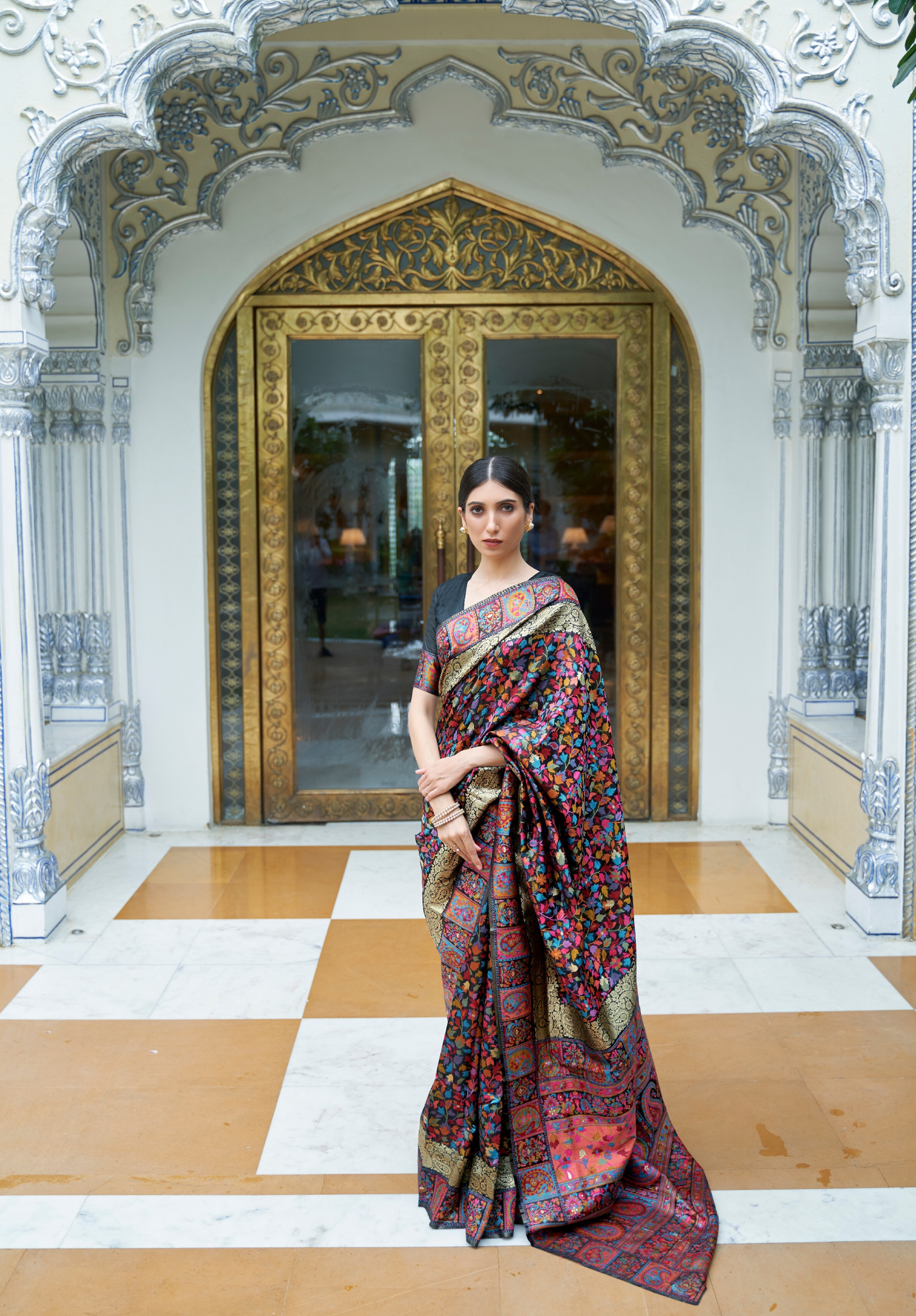 Black Pashmina Weaving Modal Silk saree with Double Border