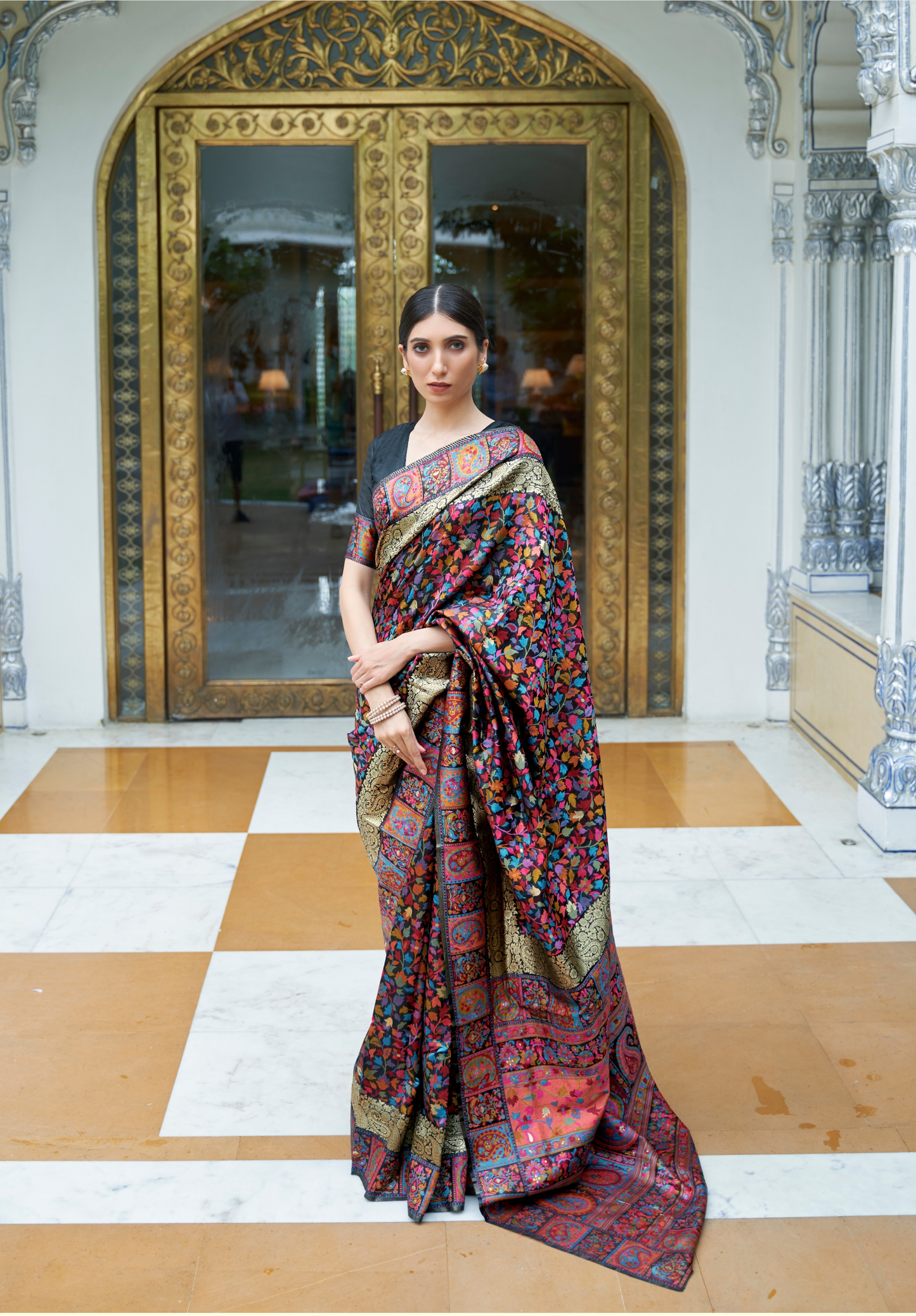 Black Pashmina Weaving Modal Silk saree with Double Border