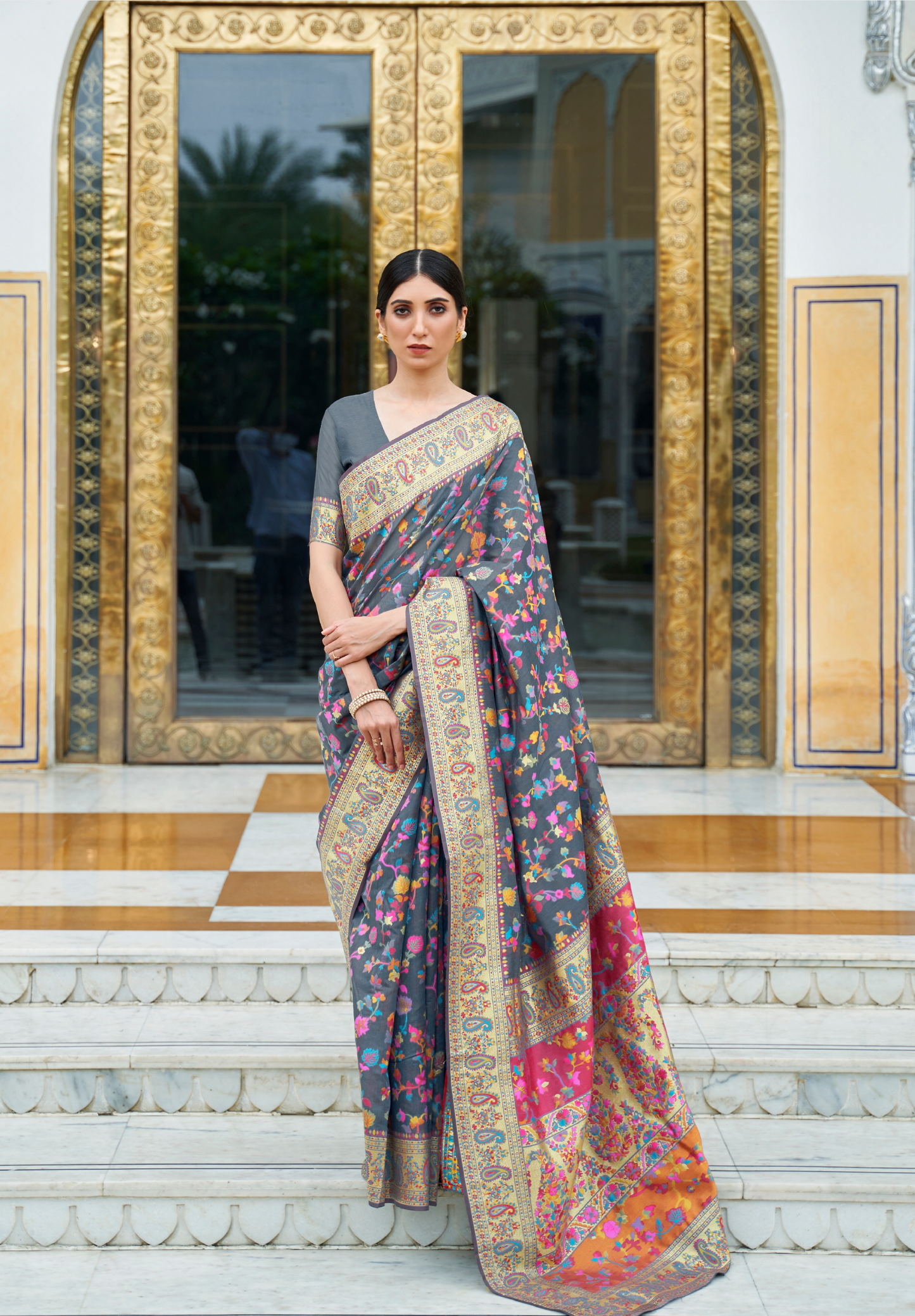 Black Pashmina Weaving Modal Silk Saree with Gold Border