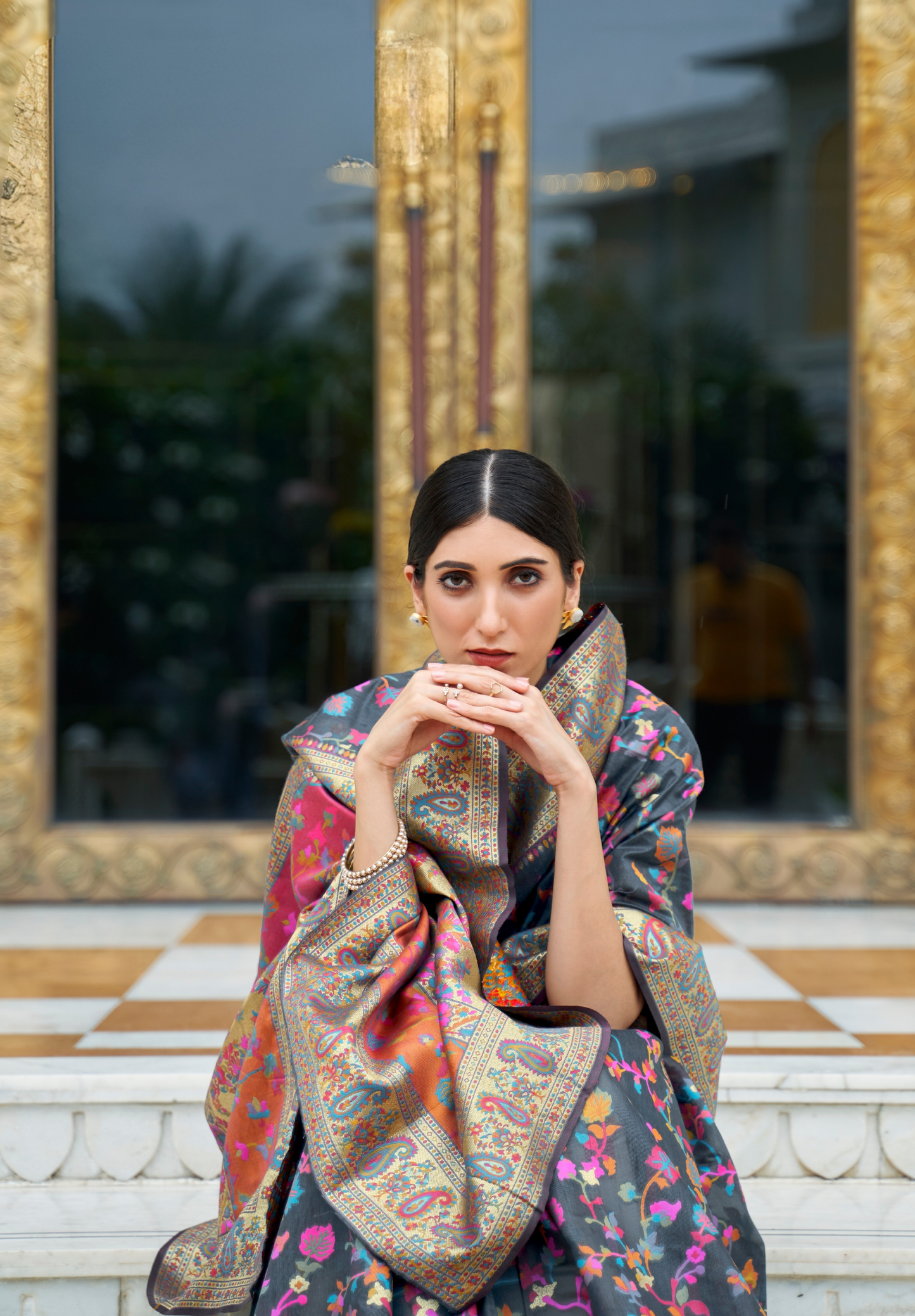 Black Pashmina Weaving Modal Silk Saree with Gold Border