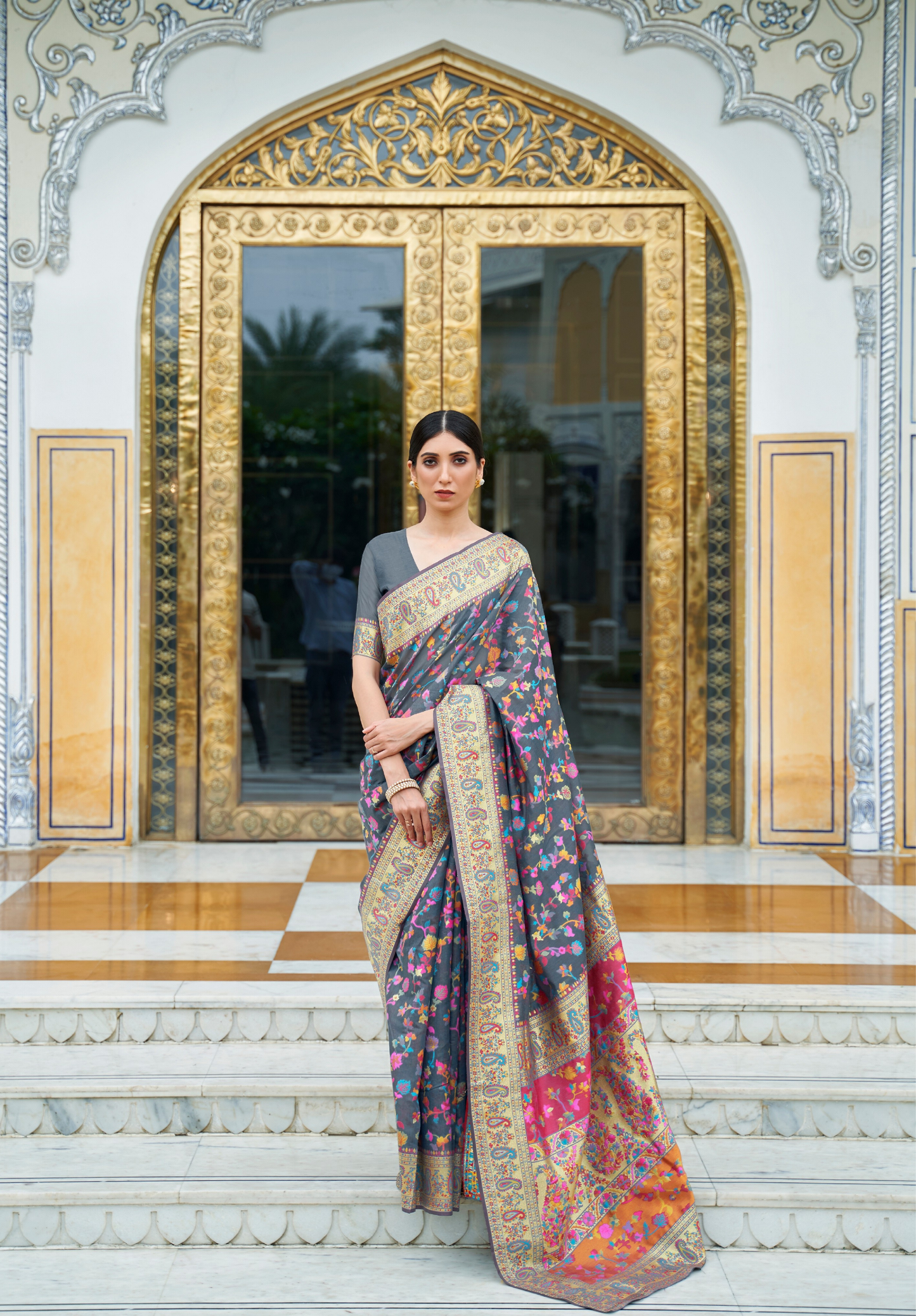 Black Pashmina Weaving Modal Silk Saree with Gold Border