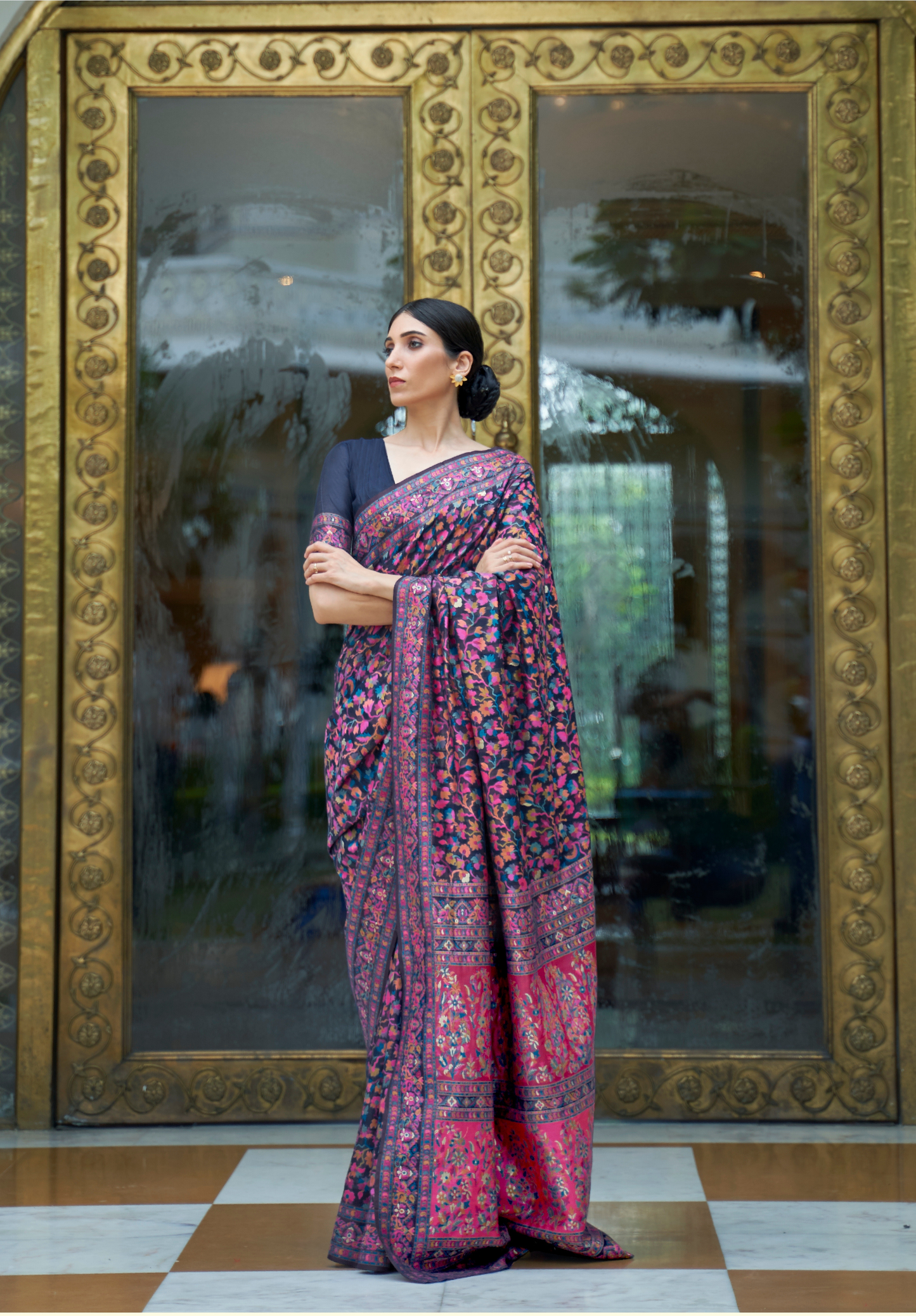 Black Pashmina Weaving Modal Silk saree with Matching Border