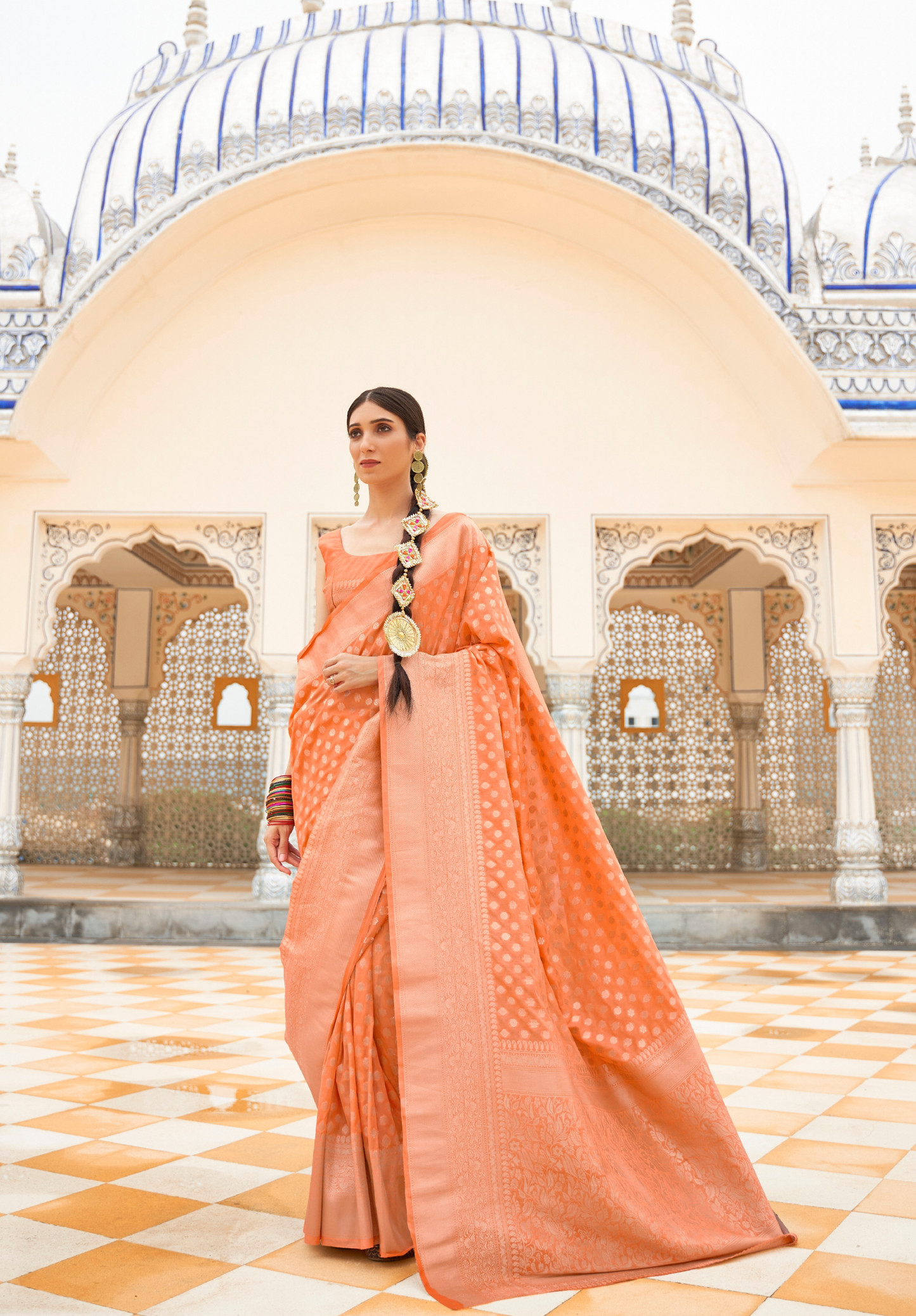 Orange Khadi Georgette weaving saree