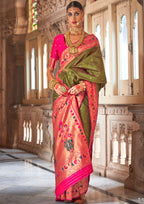 Paithani Silk Zari Weaving Olive Green Saree
