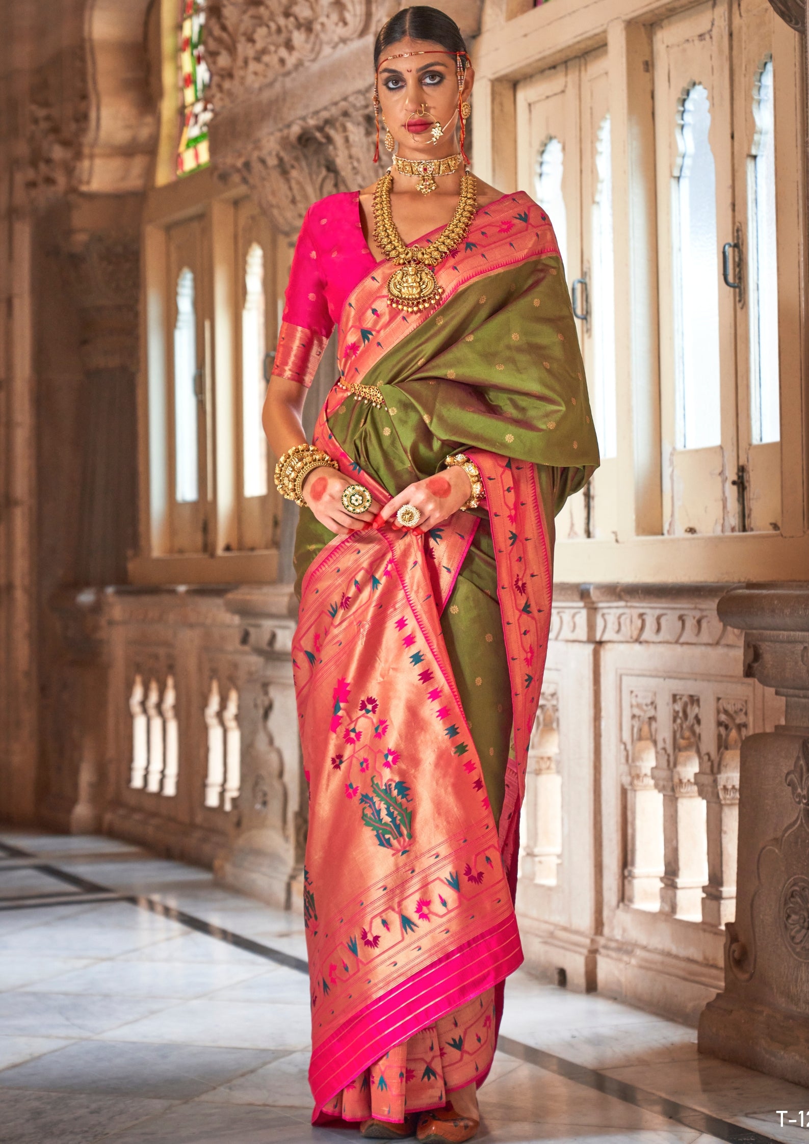 Paithani Silk Zari Weaving Olive Green Saree