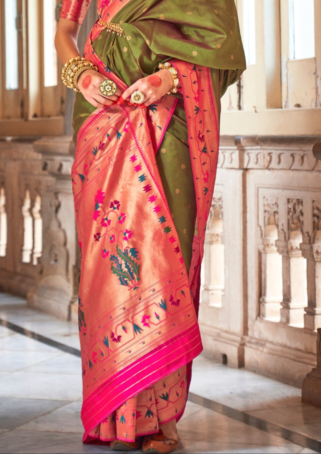 Paithani Silk Zari Weaving Olive Green Saree