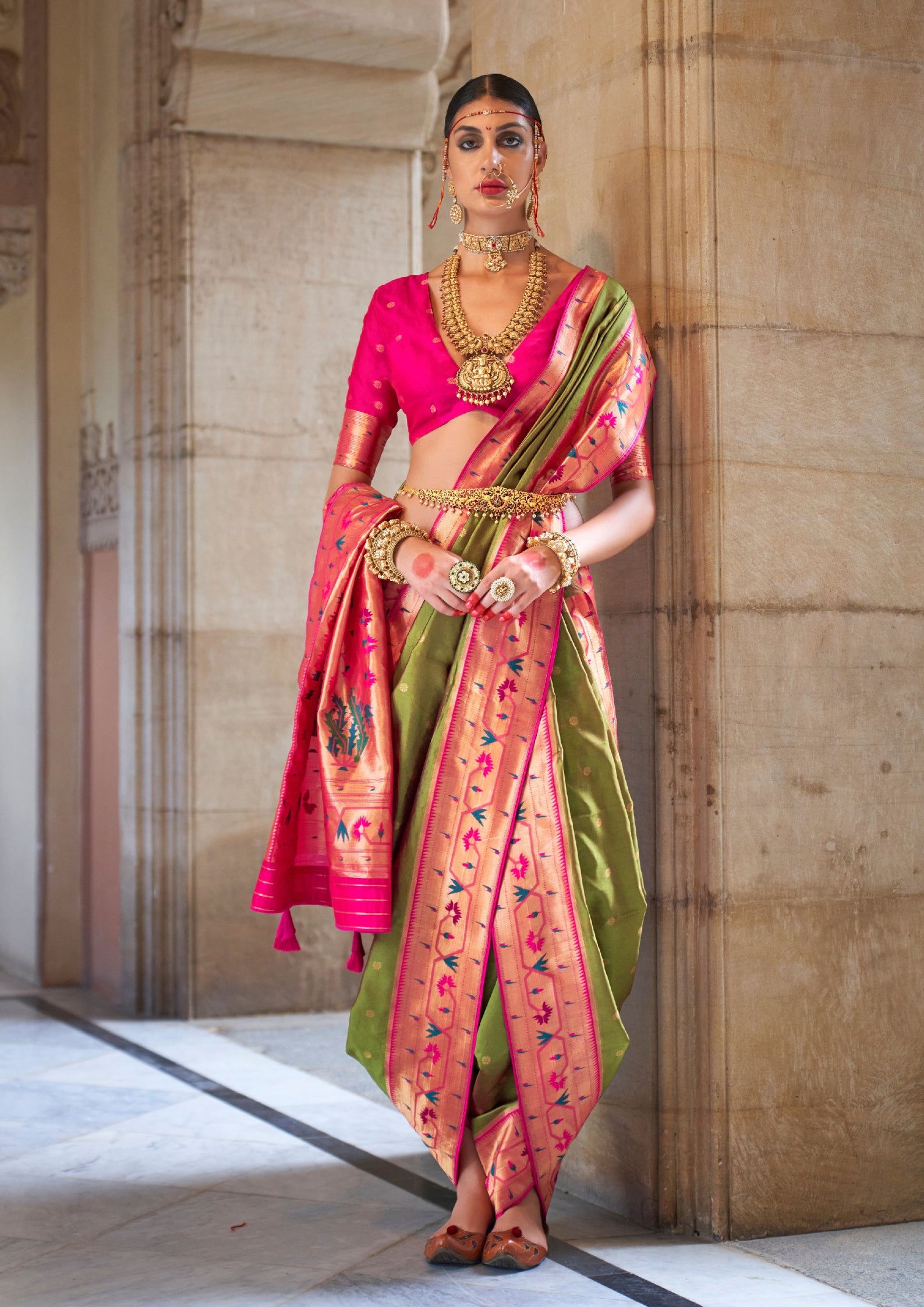 Paithani Silk Zari Weaving Olive Green Saree