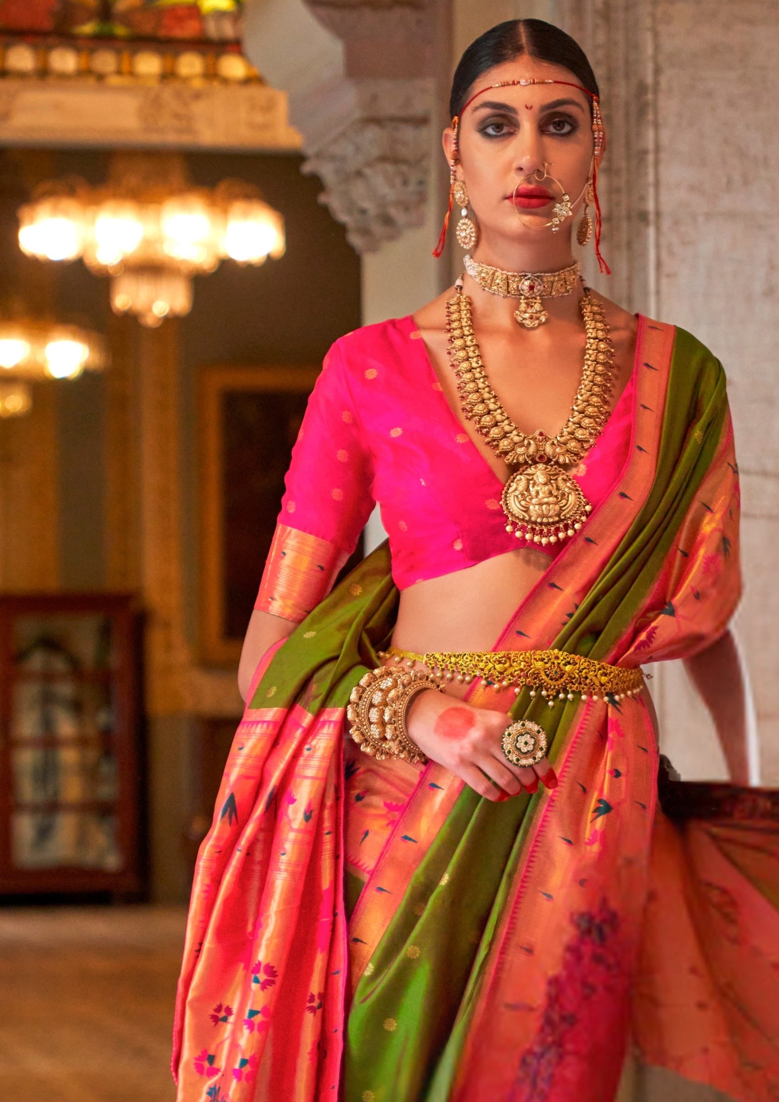 Paithani Silk Zari Weaving Olive Green Saree
