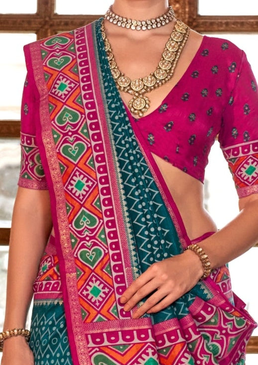 Super PV Silk Patola Design Morpankh Saree With Contrast Border