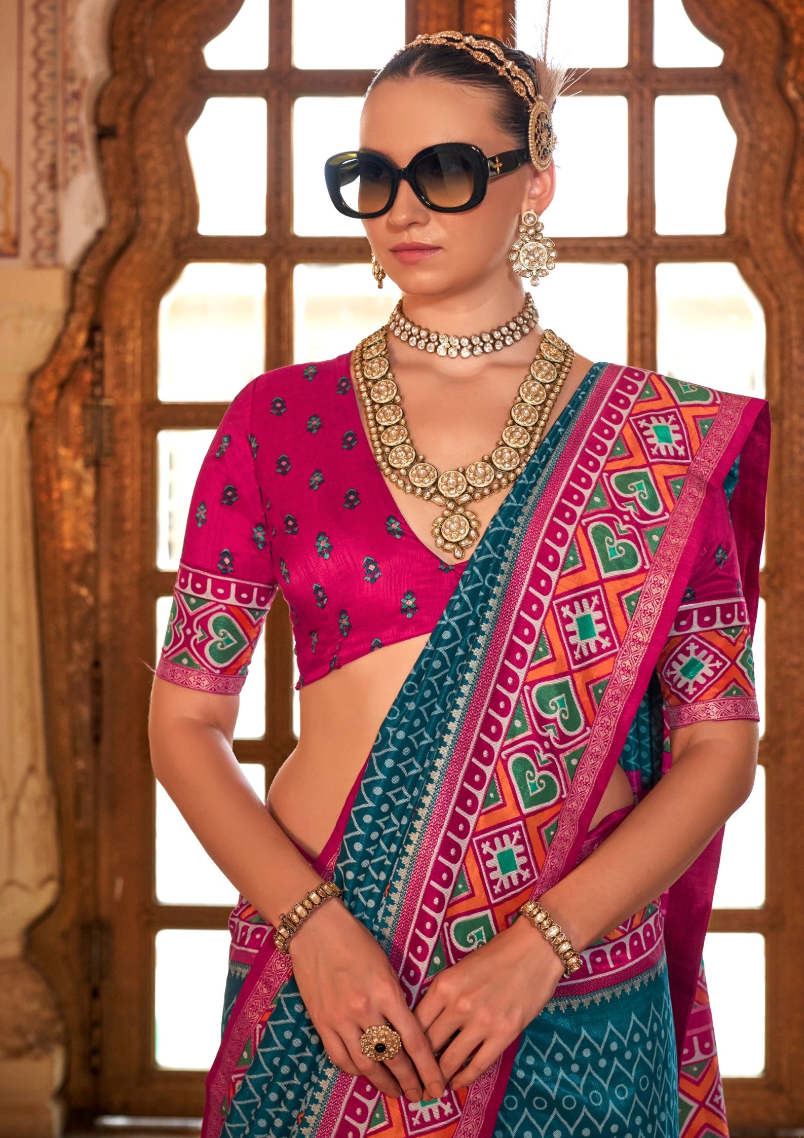 Super PV Silk Patola Design Morpankh Saree With Contrast Border
