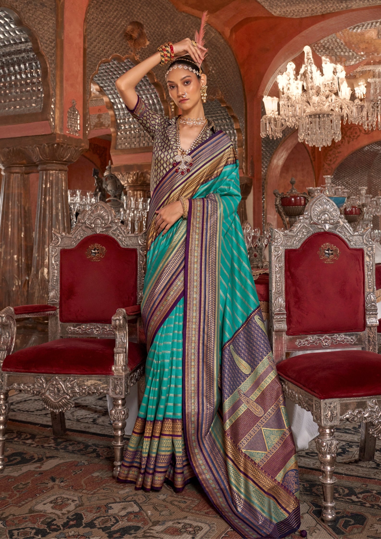 Silk With Gold Finishing Turquoise Blue Saree