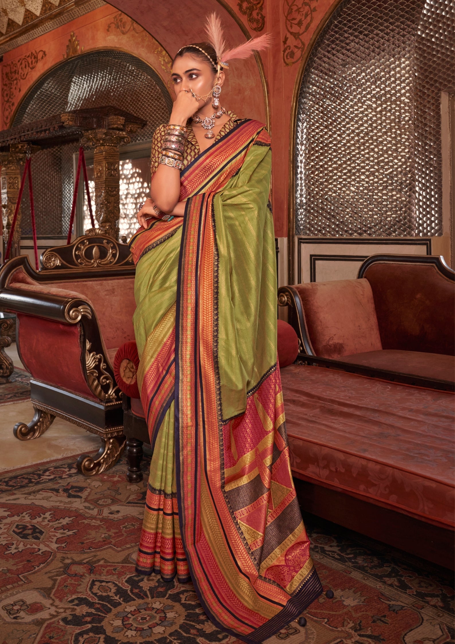 Silk With Gold Finishing Olive Green Saree