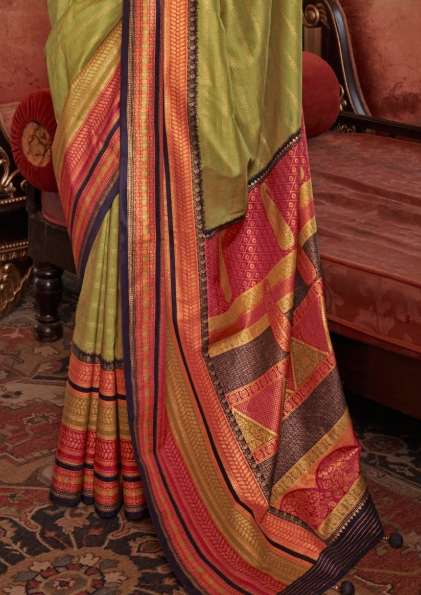 Silk With Gold Finishing Olive Green Saree