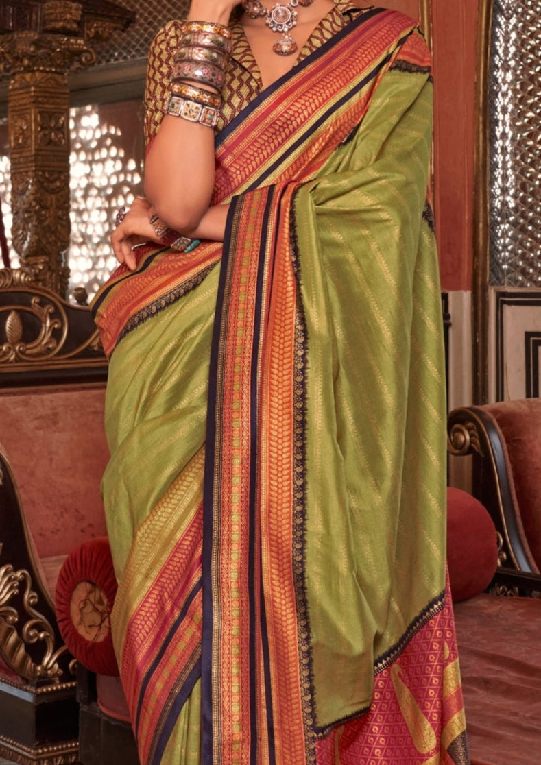 Silk With Gold Finishing Olive Green Saree