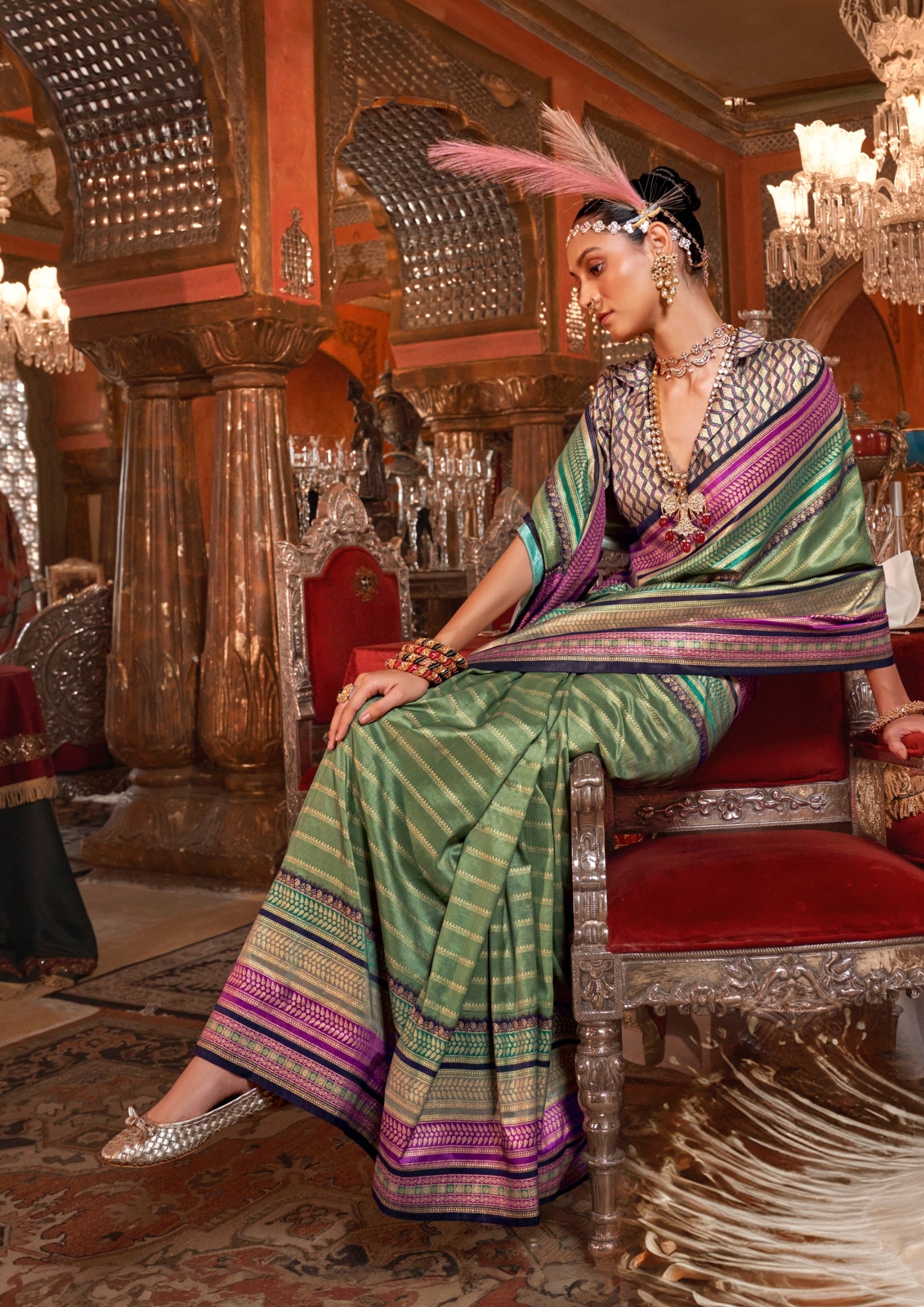 Silk With Gold Finishing Sage Green Saree
