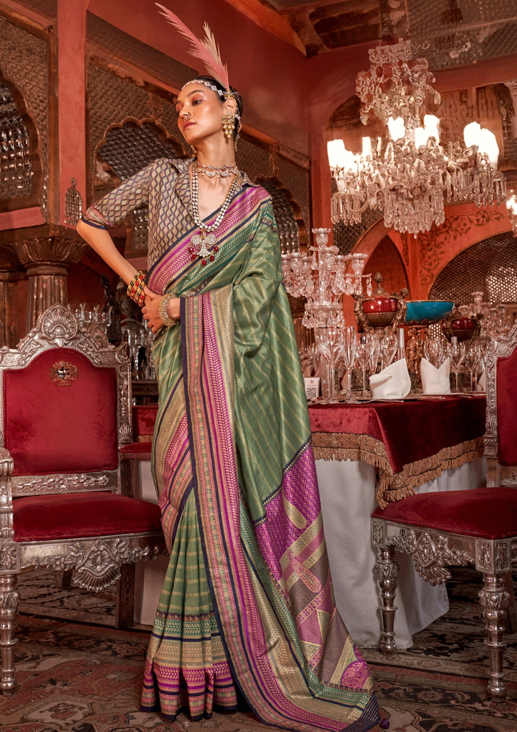 Silk With Gold Finishing Sage Green Saree