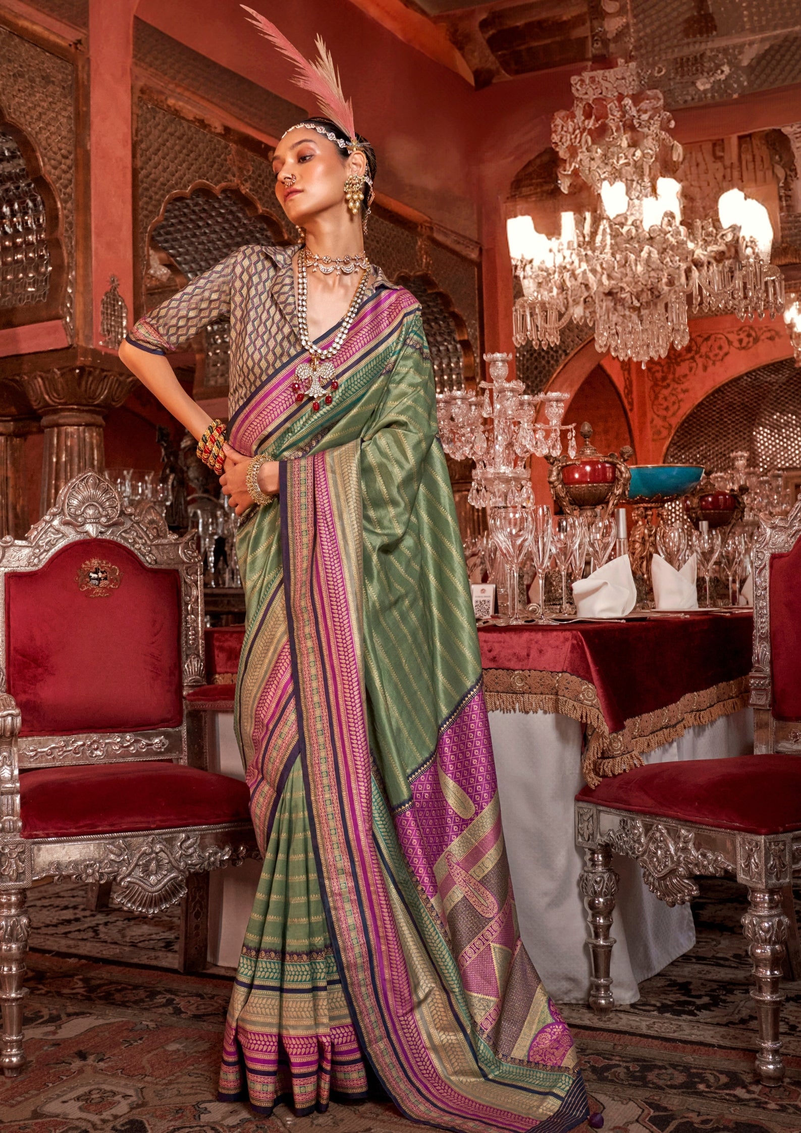 Silk With Gold Finishing Sage Green Saree