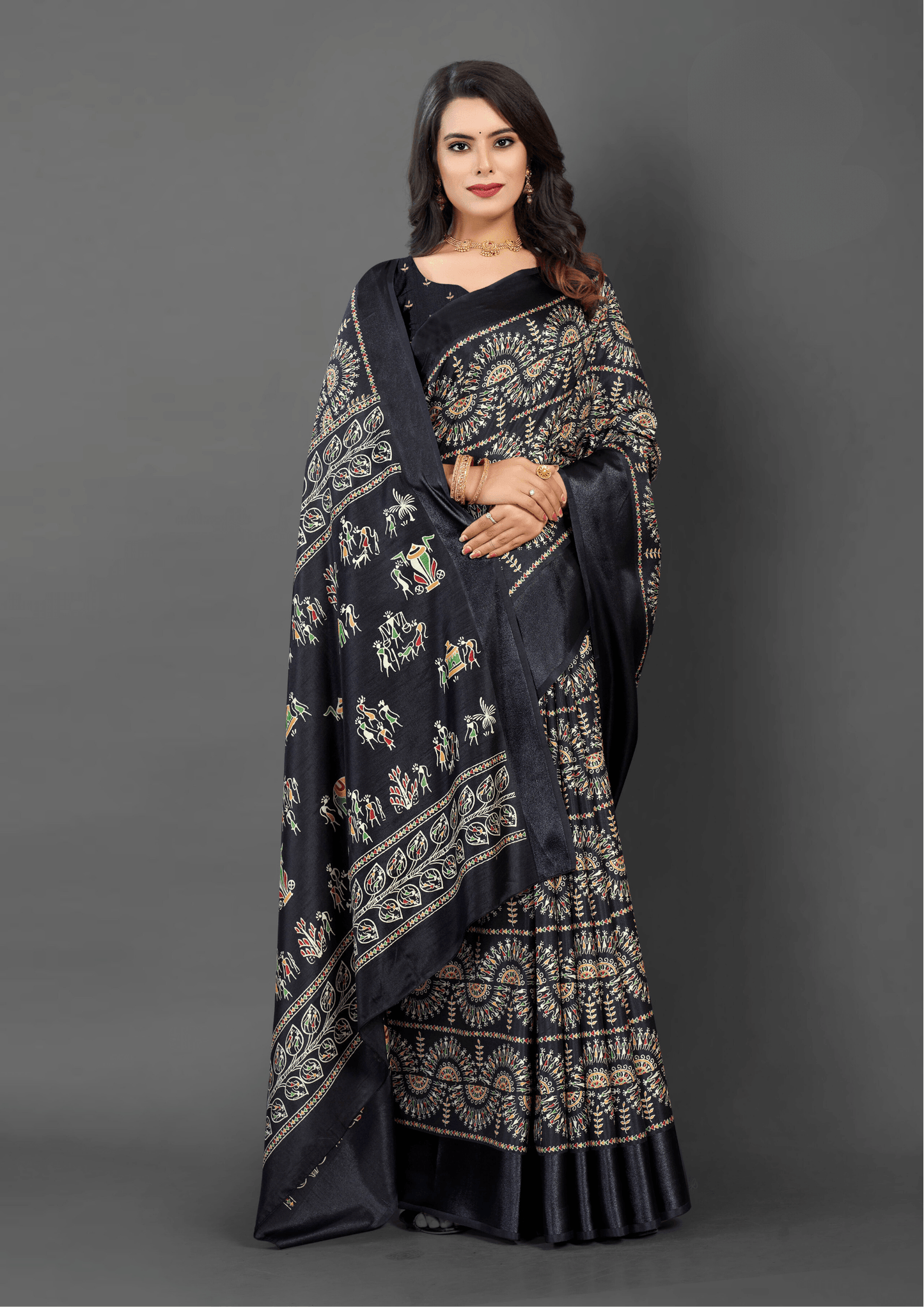 Saree Black Dola Multicolor Print Saree - SaviDurga